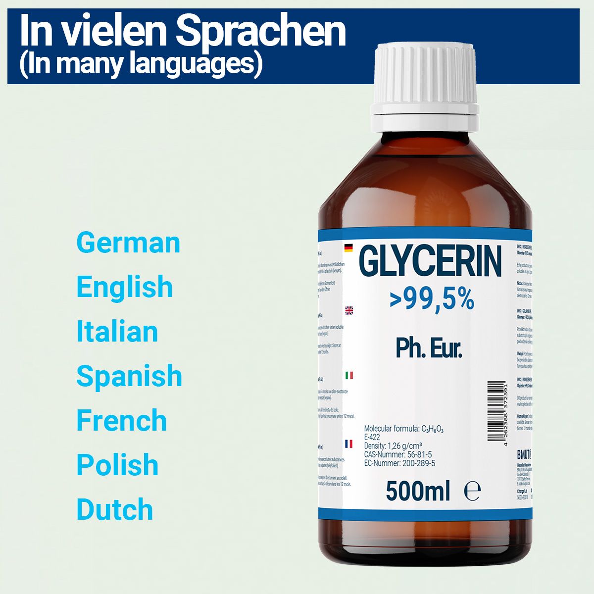 Produktflasche neben Text. Text: In vielen Sprachen. Deutsch, Englisch, Italienisch, Spanisch, Französisch, Polnisch, Niederländisch.
