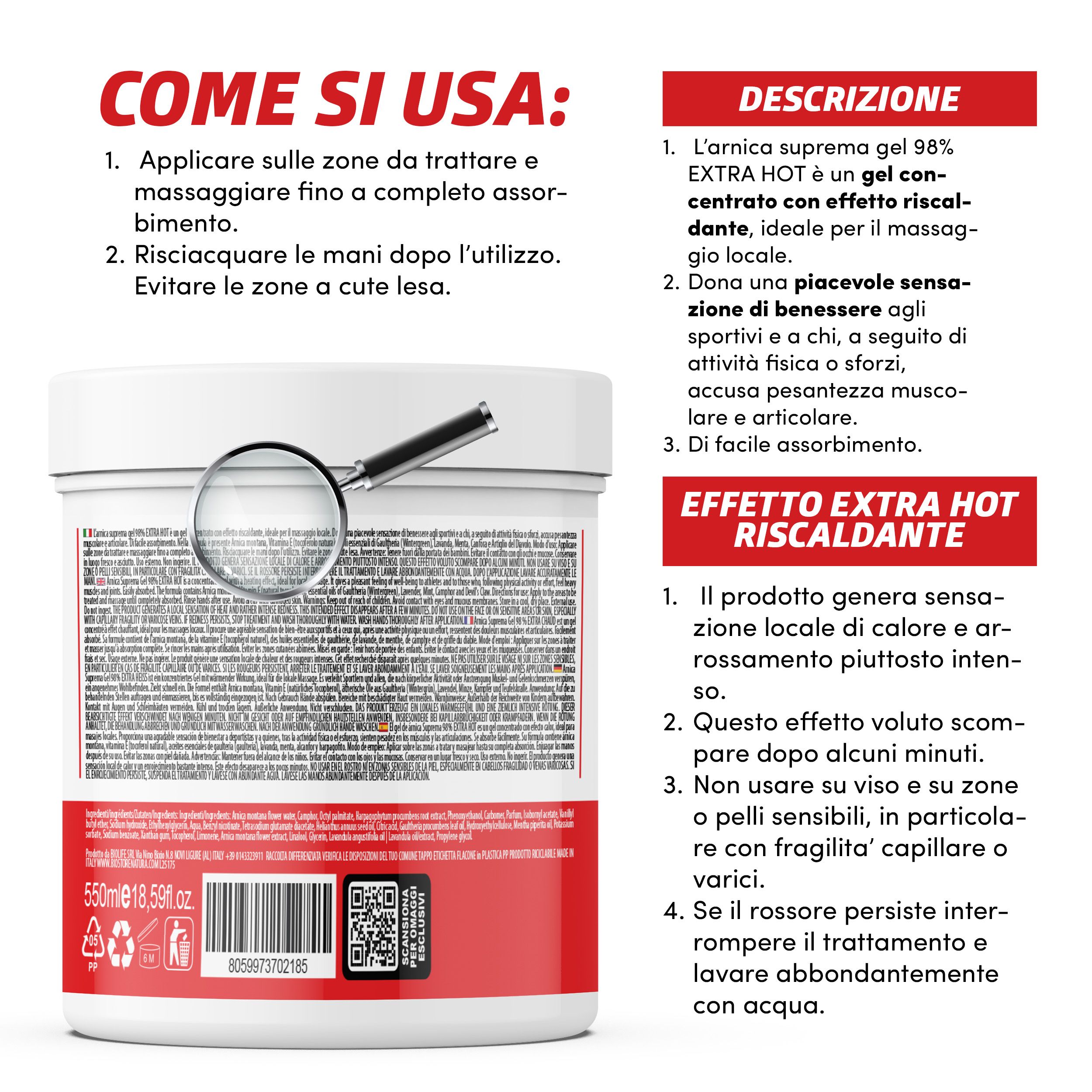 Weißer Tiegel mit rotem Etikett. Text: Arnika Suprema Gel Extra Hot. Lupe auf Text. Beschreibung und Anwendungshinweise.