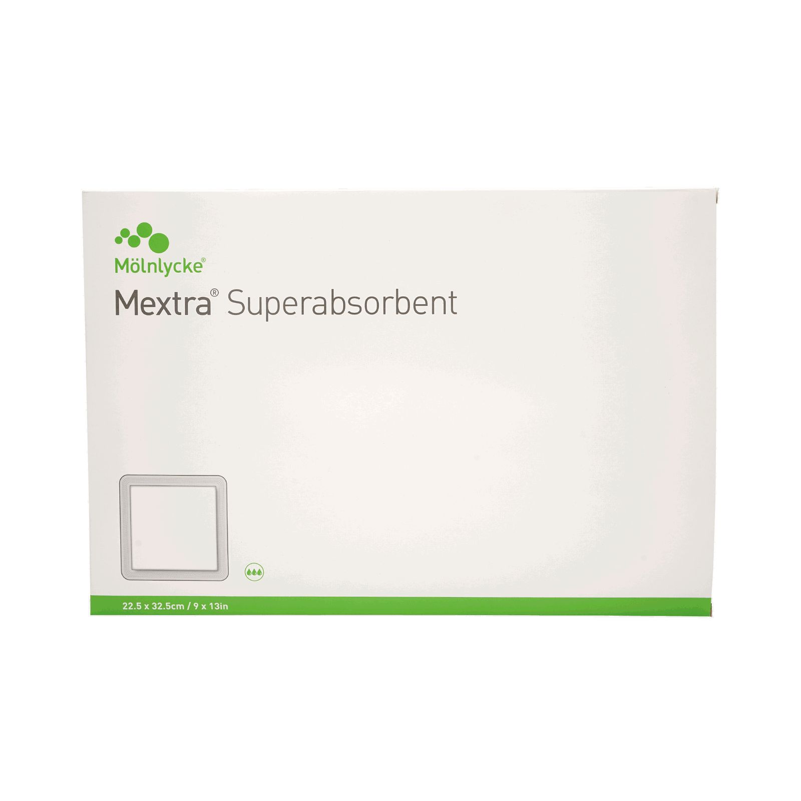 Mextra Superabsorbent Verband. Weiße Verpackung mit grünem Streifen. Produktname und Logo. Größe: 22,5 x 32,5 cm.