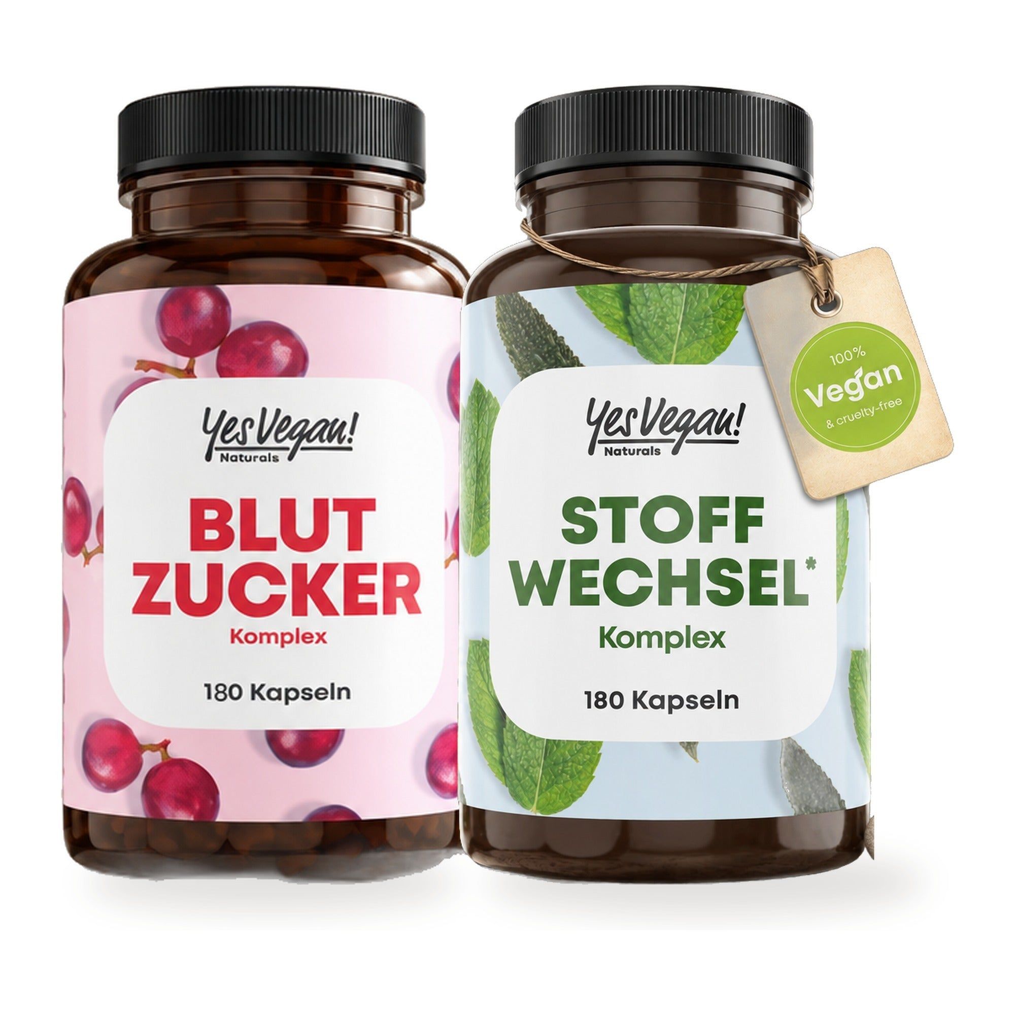 Zwei Flaschen Yes Vegan! Blut Zucker Komplex (180 Kapseln) und Stoffwechsel Komplex (180 Kapseln).