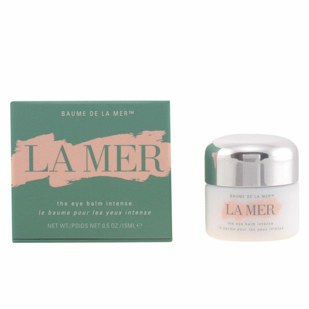 Grüne Schachtel und weißes Tiegel. Aufschrift: LA MER, the eye balm intense, le baume pour les yeux intense.