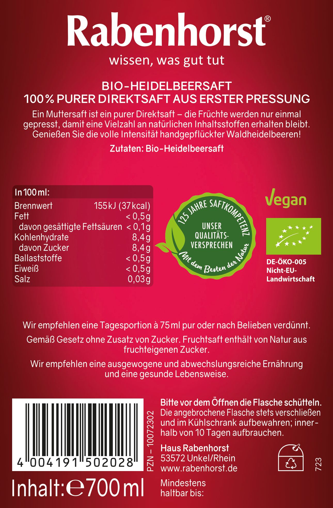 Rabenhorst Waldheidelbeere Muttersaft BIO