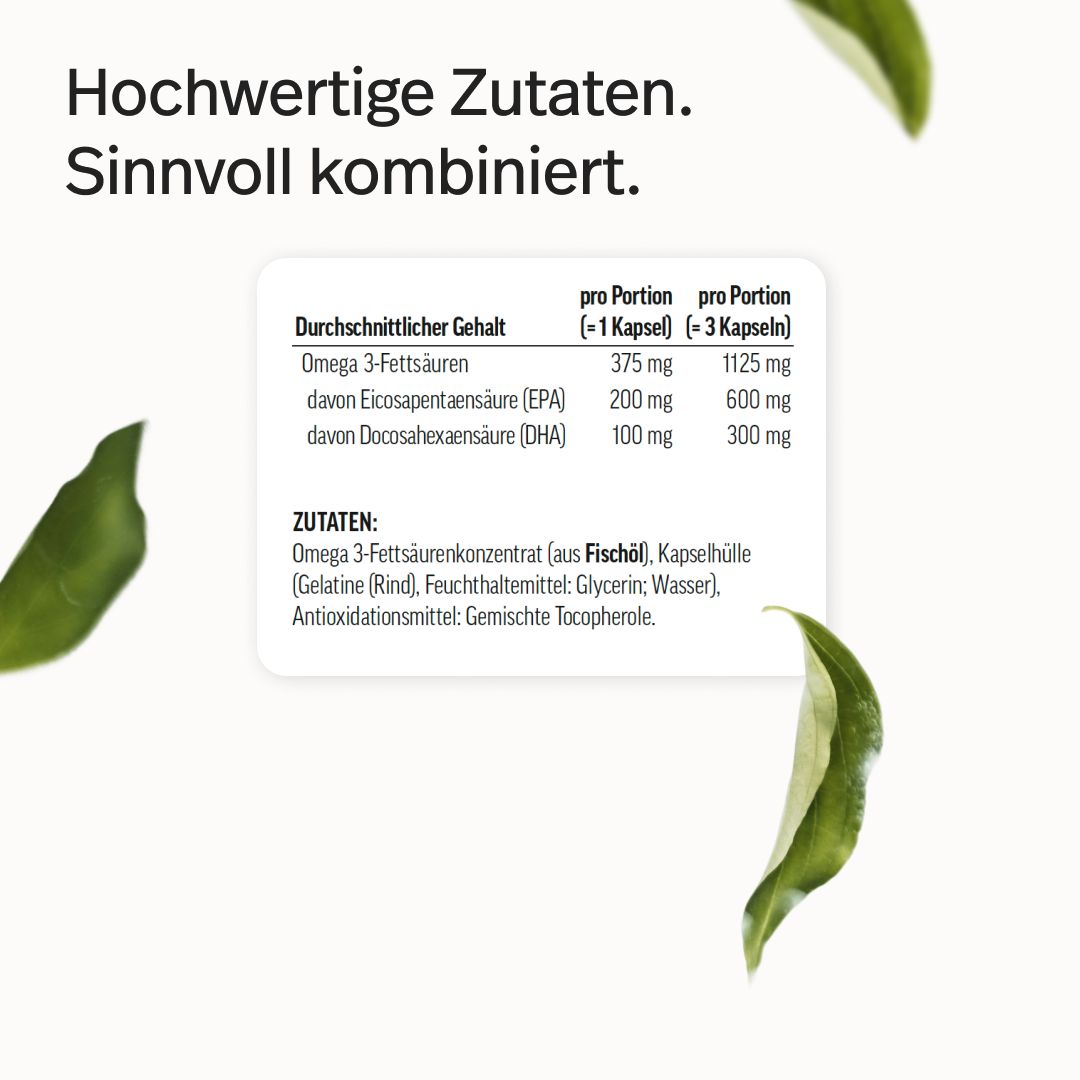 Tabelle mit Nährwertangaben für Omega-3-Fettsäuren, EPA und DHA. Zutatenliste mit Omega-3-Fettsäurenkonzentrat.