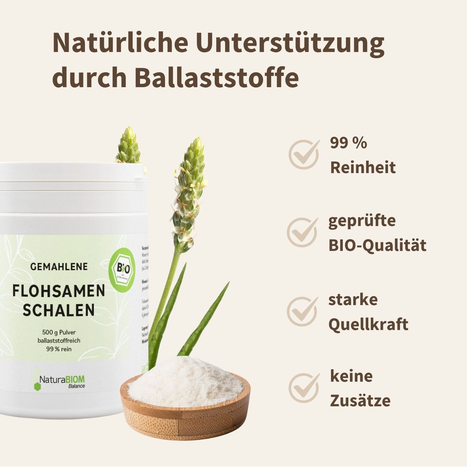 NaturaBIOM BIO Flohsamenschalen Pulver - ballaststoffreich, 99% Reinheit, glutenfrei, extra fein