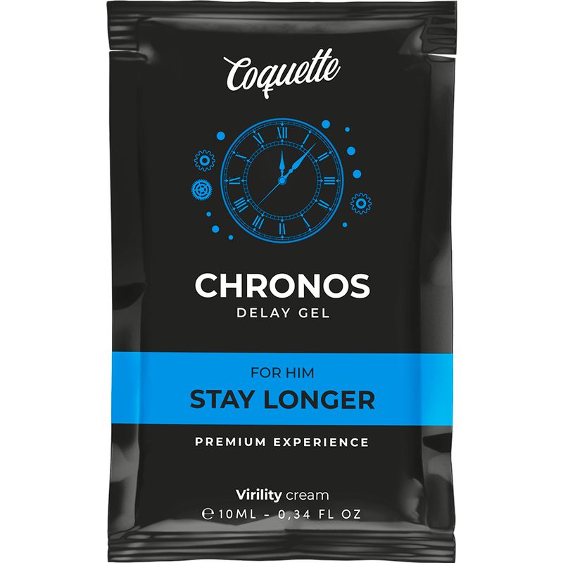 Schwarze Verpackung mit Produktnamen Coquette, Chronos Delay Gel. Enthält Text: For Him, Stay Longer, Premium Experience.