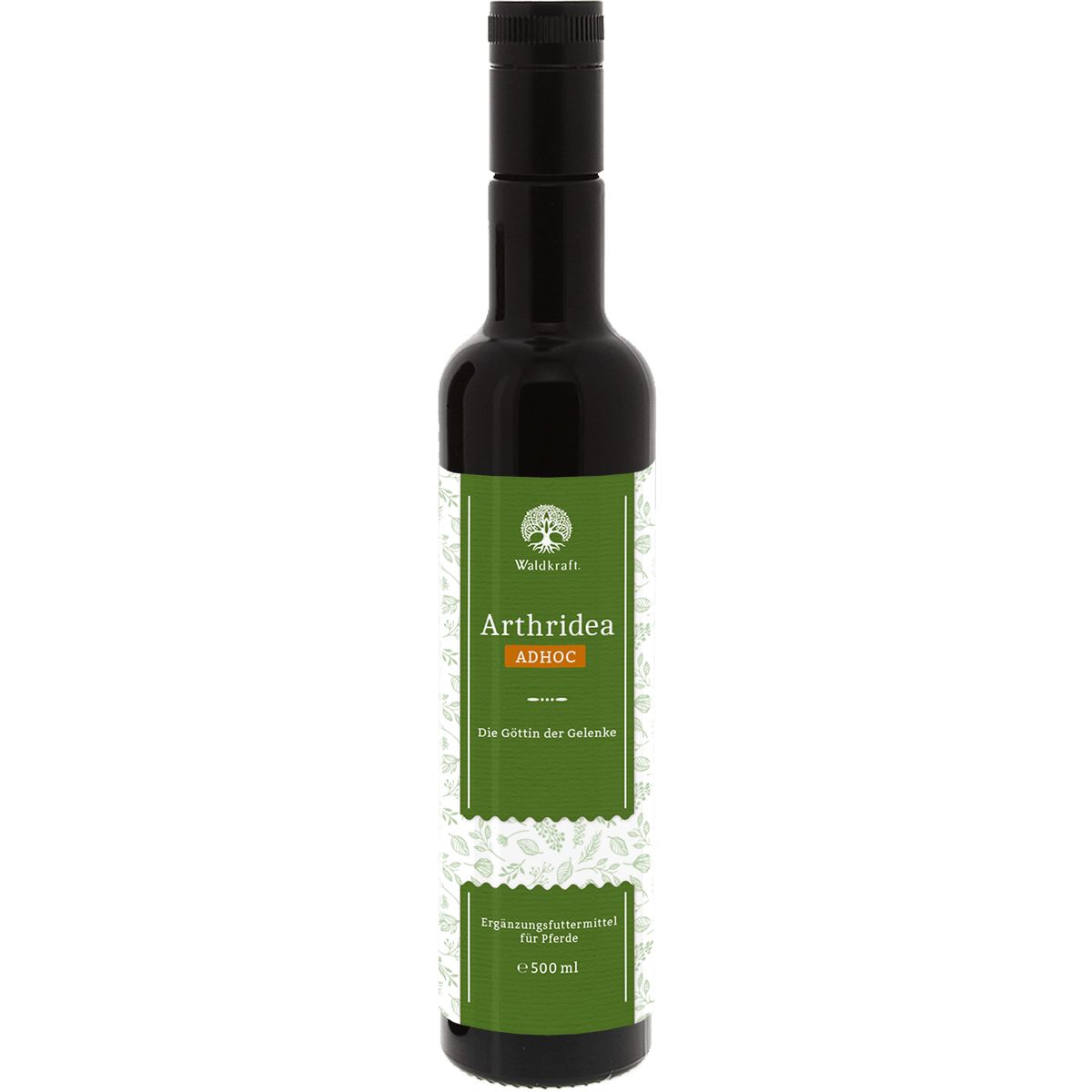 Braune Flasche mit grünem Etikett. Aufschrift Arthridea Adhoc, Ergänzungsfuttermittel für Pferde. 500 ml.
