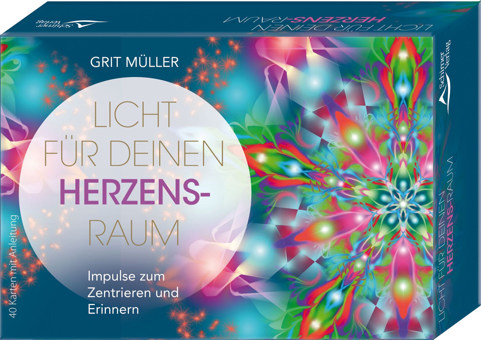 Kartenbox mit Titel "Licht für deinen Herzensraum". Autor: Grit Müller. Box mit floralem Design und Texten. 40 Karten mit Anleitung.