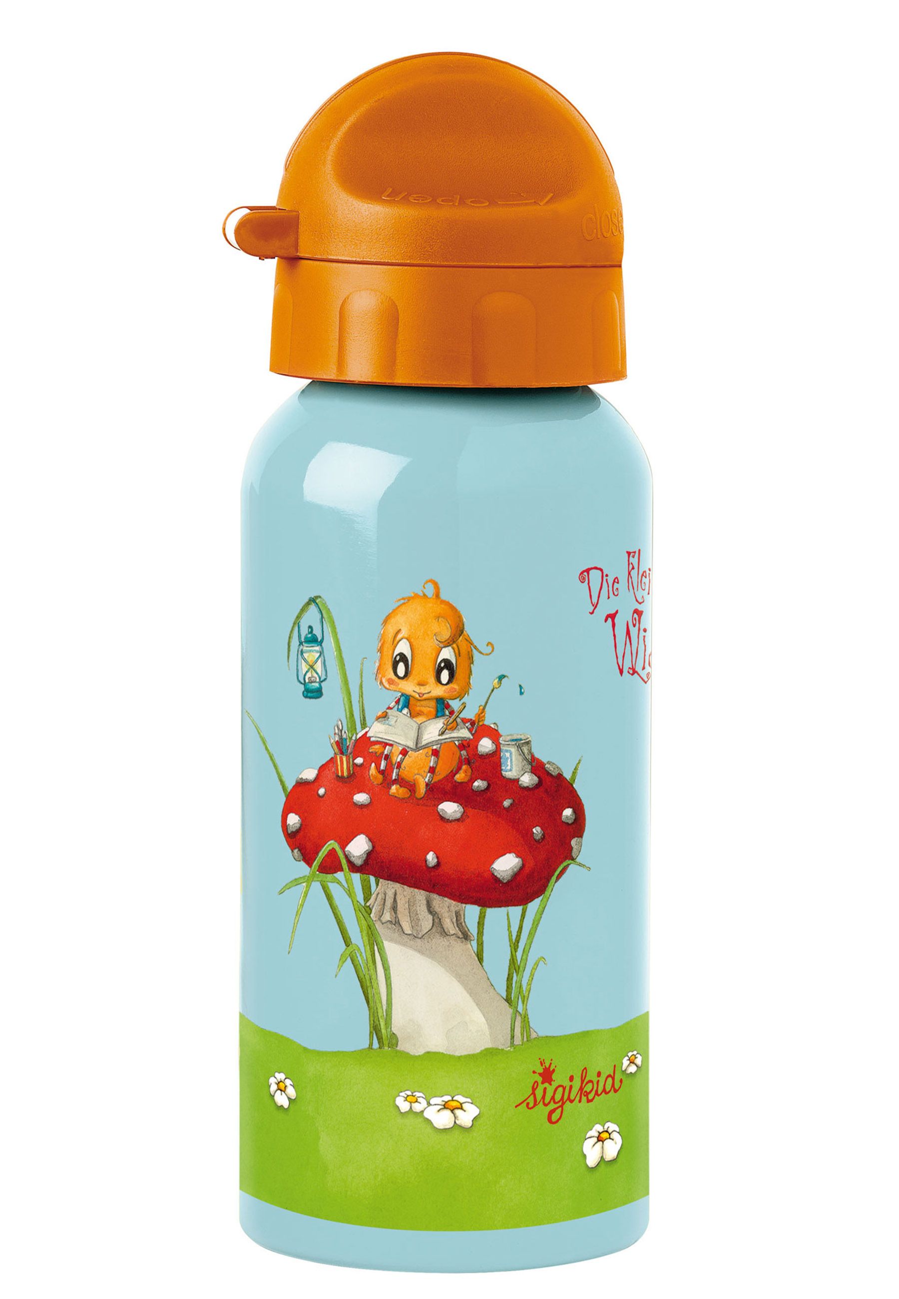 Hellblaue Trinkflasche mit orangefarbenem Deckel. Aufdruck: Cartoon-Figur auf rotem Pilz, Schriftzug 'sigikid'.