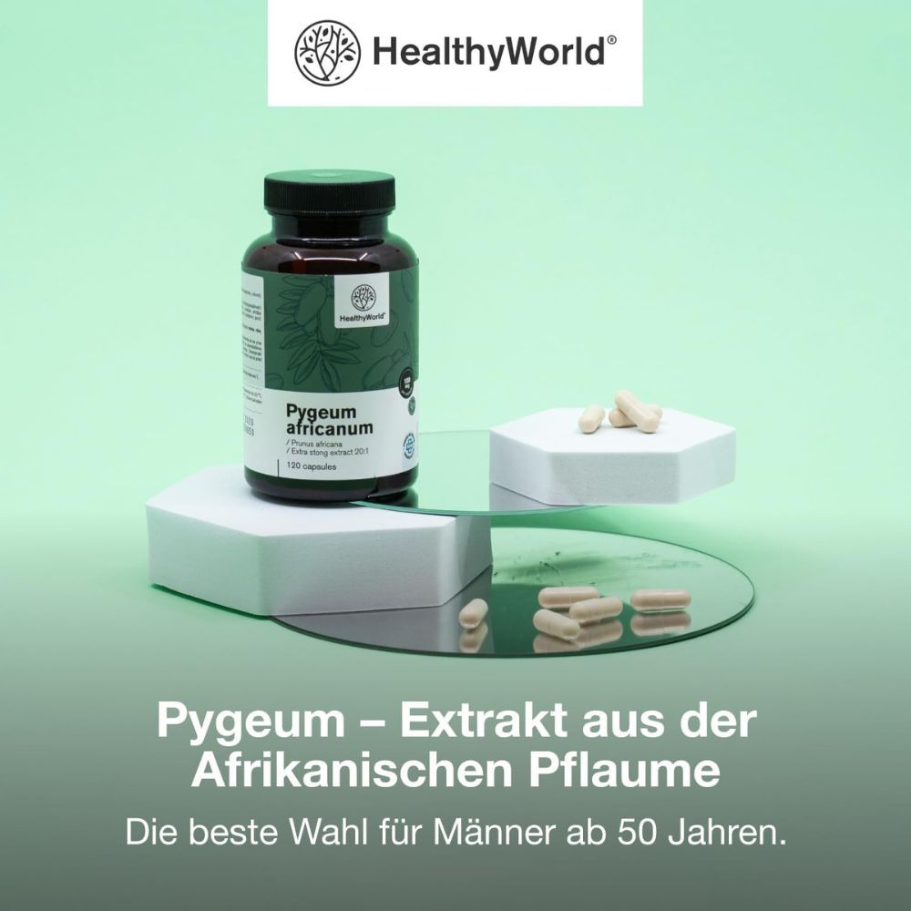 Produktflasche mit Text: Pygeum - Extrakt aus afrikanischem Pflaumenbaum, 120 Kapseln. Marke: HealthyWorld.