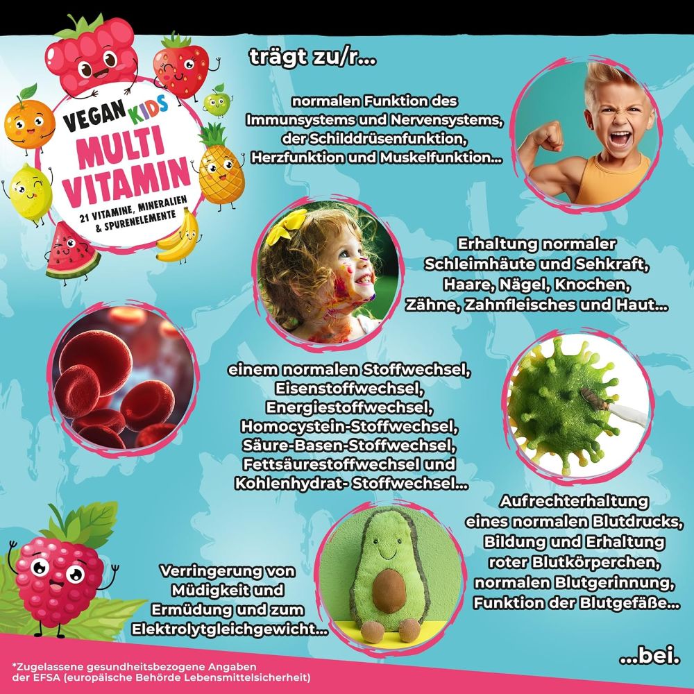 Grafik für vegane Kindervitamine mit Früchten, Blutkörperchen, einem Kind und einem Avocado-Plüschtier.