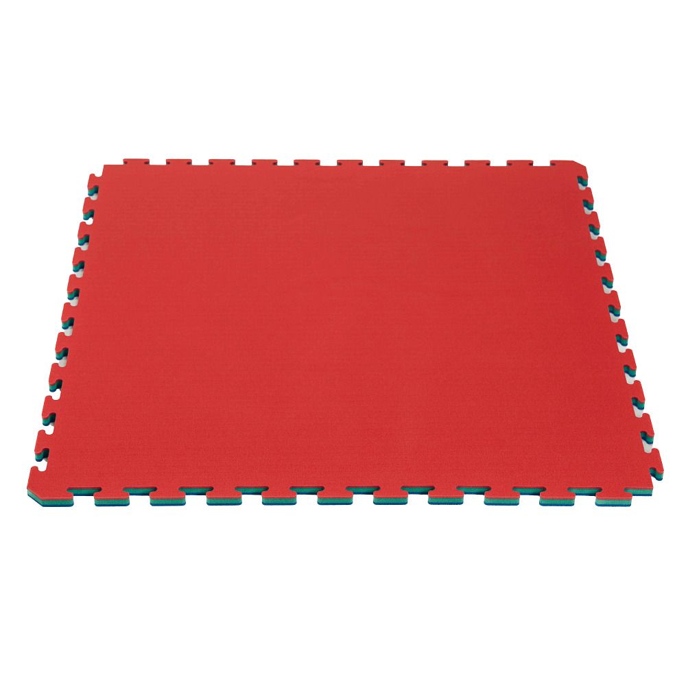 Rote Fitnessmatte mit ineinandergreifenden Kanten. Grüne Kanten.