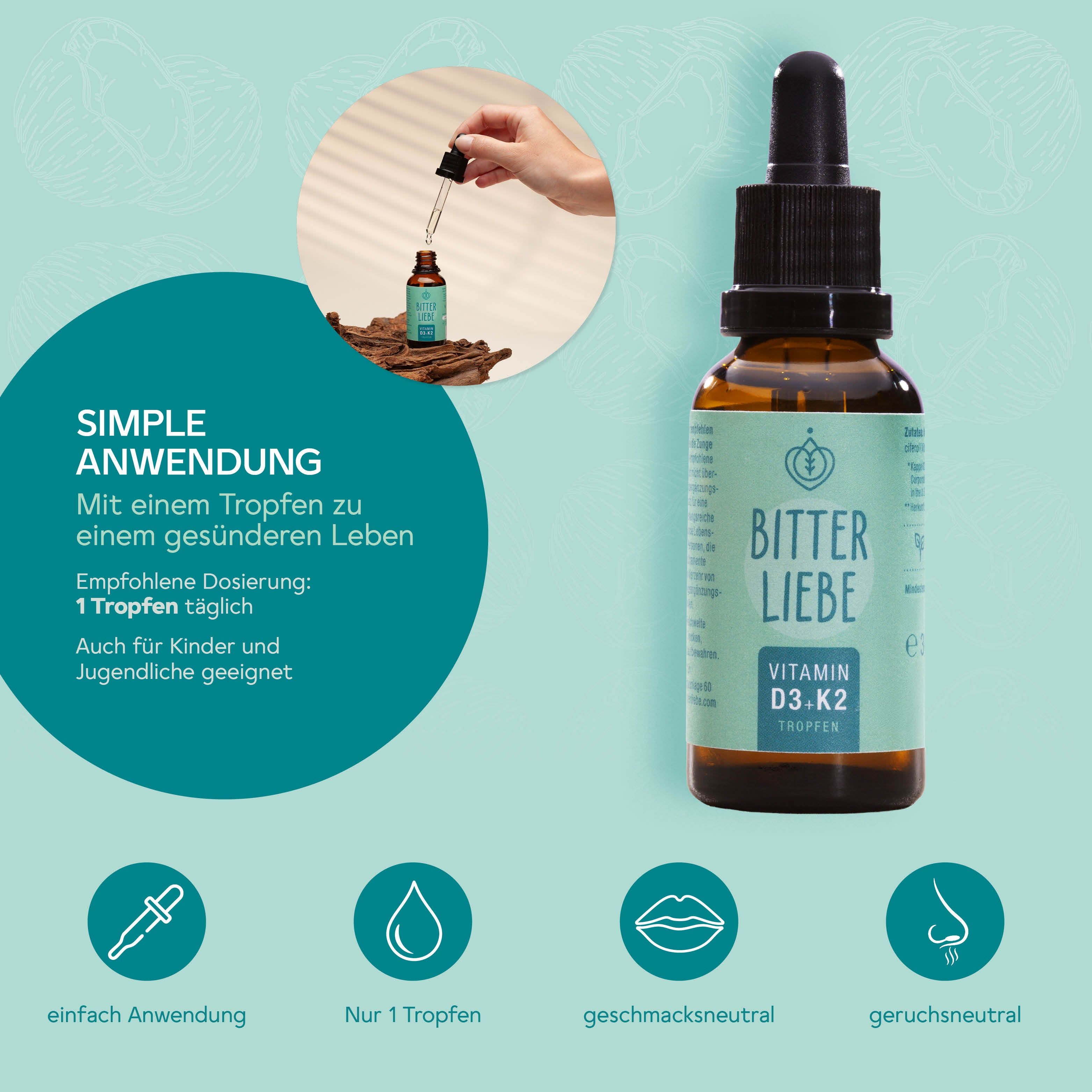 BitterLiebe - Vitamin D3 K2 Tropfen - hochdosiert und vegan - für starke Knochen und Immunsystem