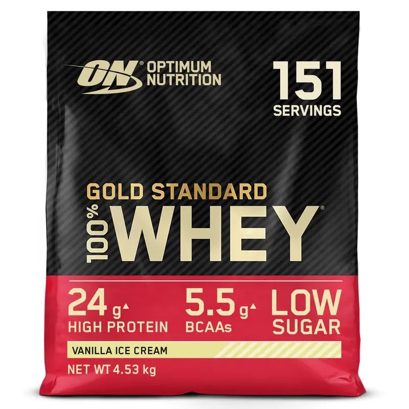 Beutel OPTIMUM NUTRITION Gold Standard Whey, Geschmacksrichtung Vanilleeis. Enthält 151 Portionen, 24g Protein, 5,5g BCAAs, zuckerarm.