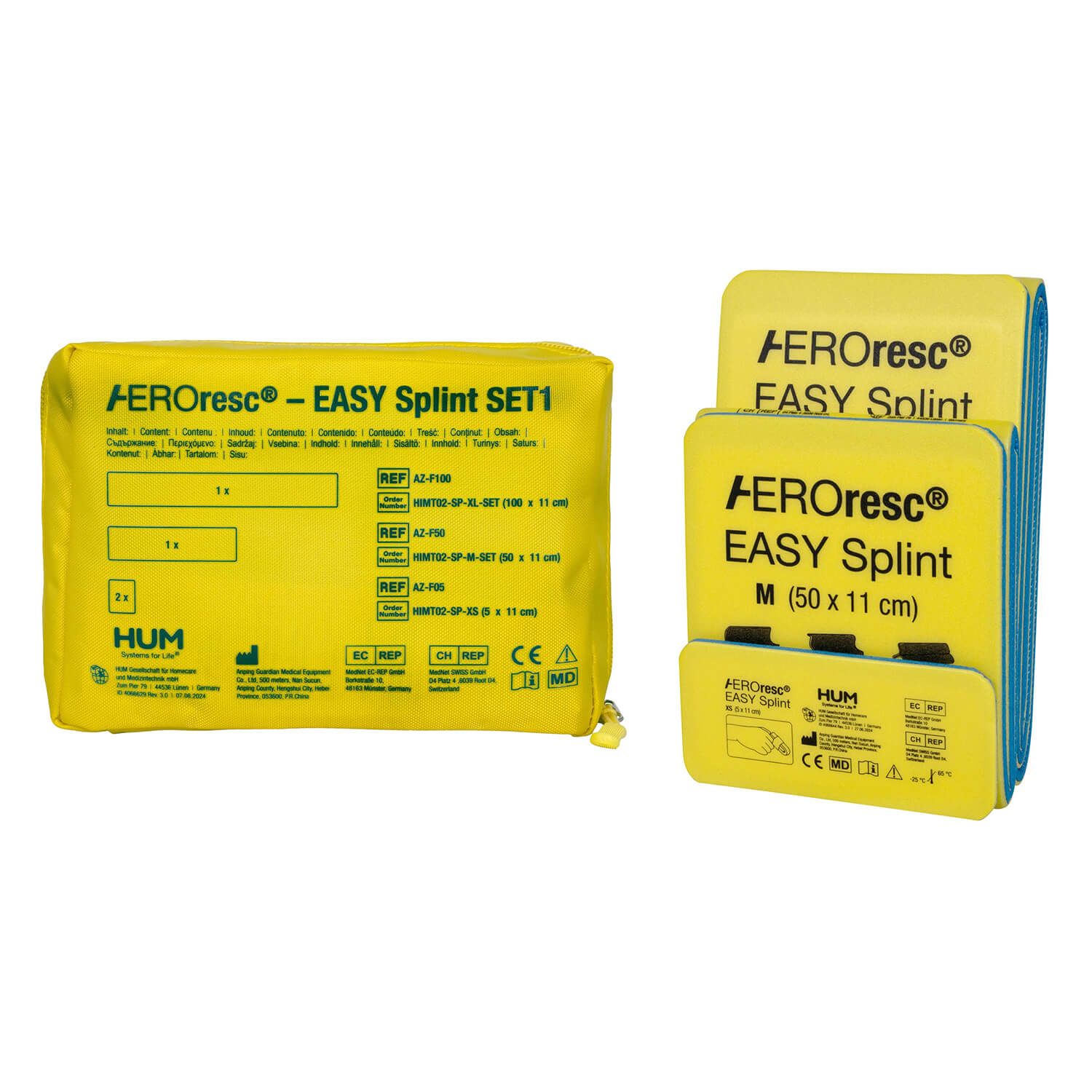 Zwei gelbe HUM AEROresc EASY Splint Sets, eines flach, das andere aufrecht stehend.