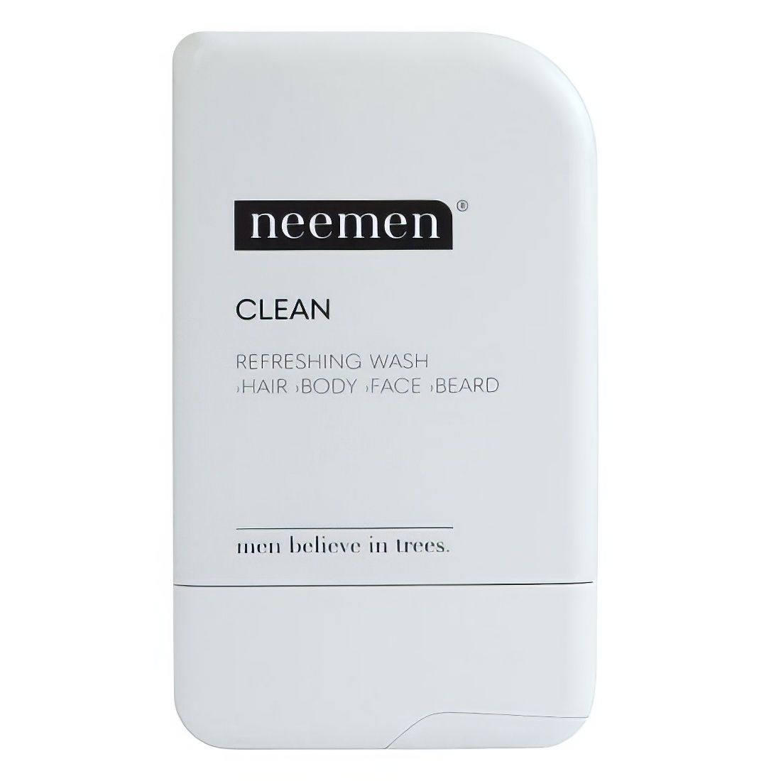 Weißes Produkt mit abgerundeten Ecken. Aufschrift: Neemen Clean. Text: Refreshing Wash Hair Body Face Beard. Slogan: men believe in trees.