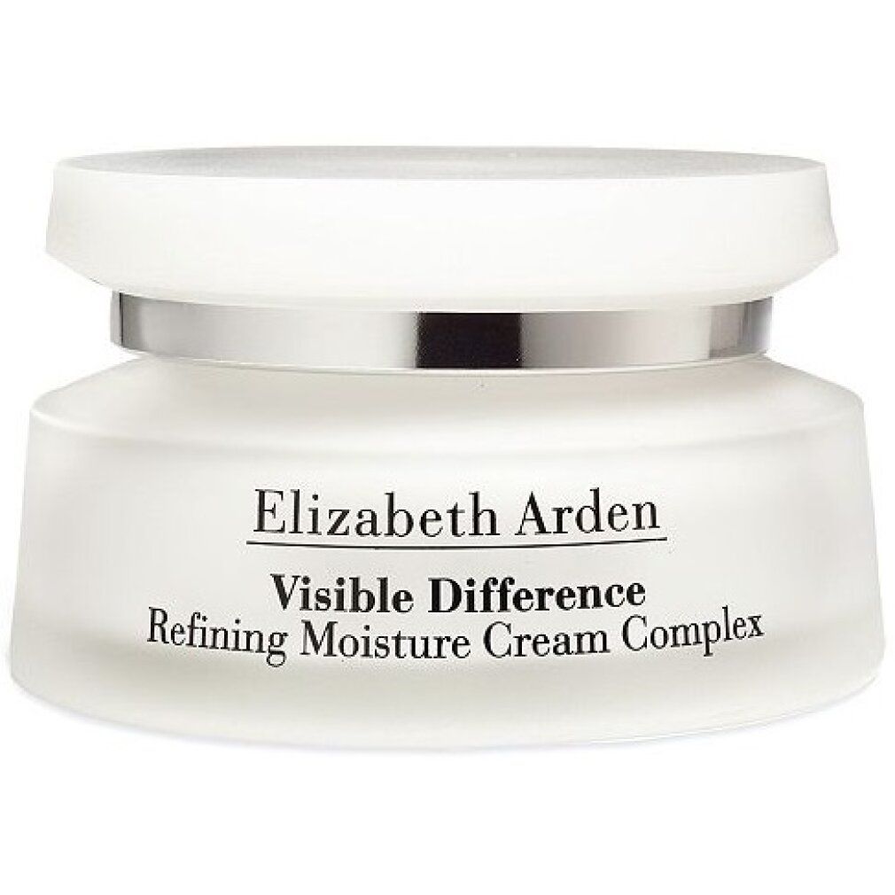 Creme-Tiegel mit silbernem Ring. Aufschrift: Elizabeth Arden Visible Difference Refining Moisture Cream Complex.