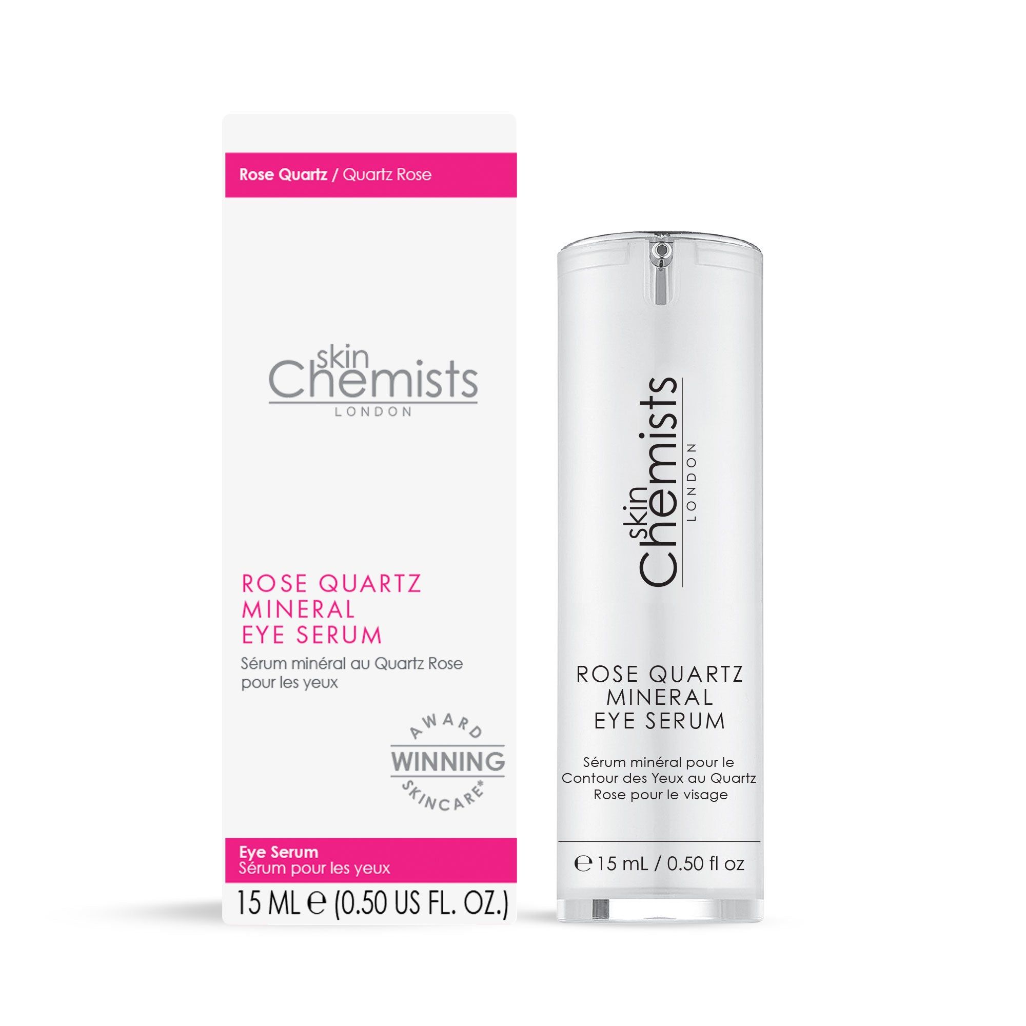 Produktverpackung und Flasche. Aufschrift: Rose Quartz Mineral Eye Serum. Marke: skinChemists London. Auszeichnung: Award Winning Skincare. Volumen: 15 ml.