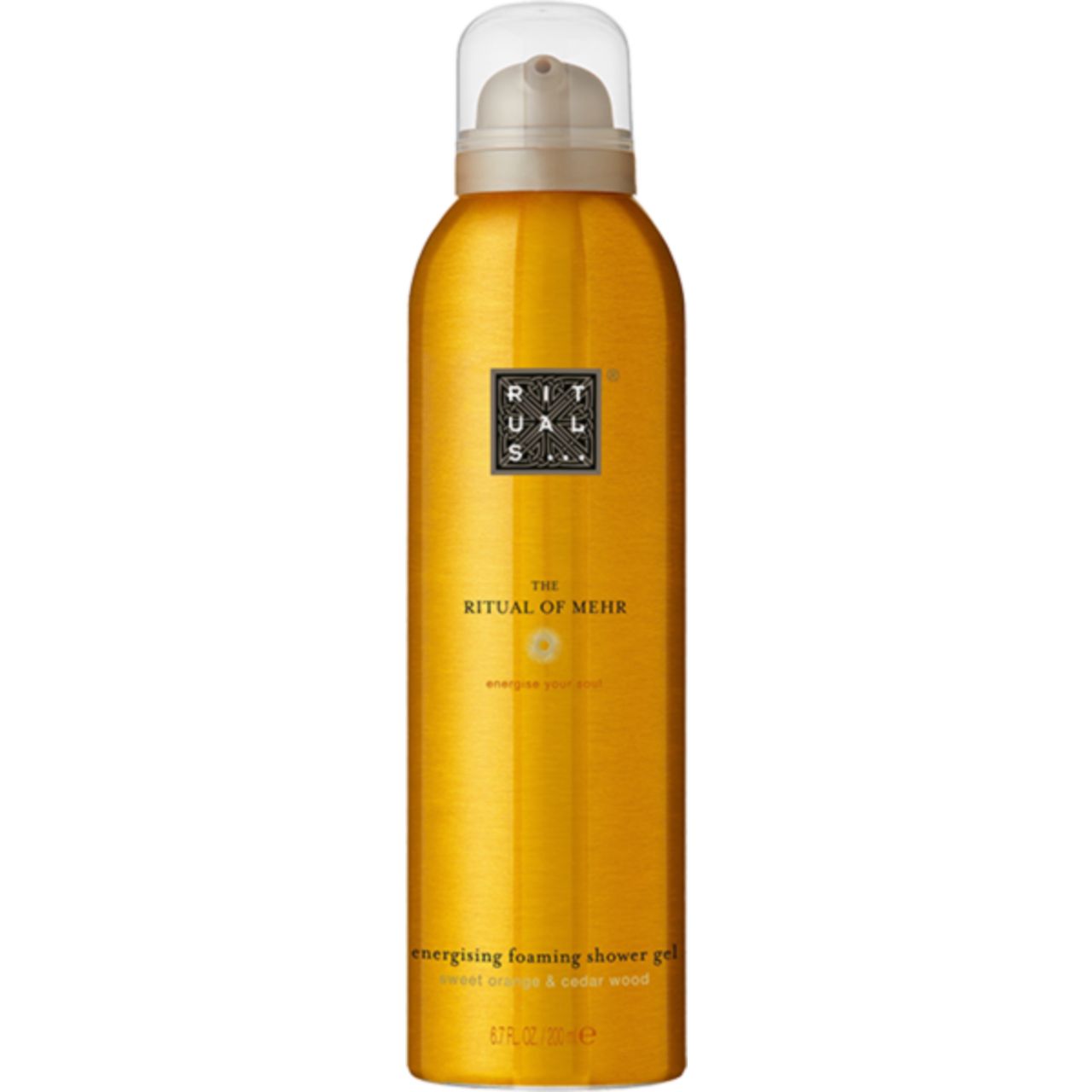 Goldfarbene Flasche mit Sprühkopf. Aufschrift: Rituals, The Ritual of Mehr. Text: energising foaming shower gel.