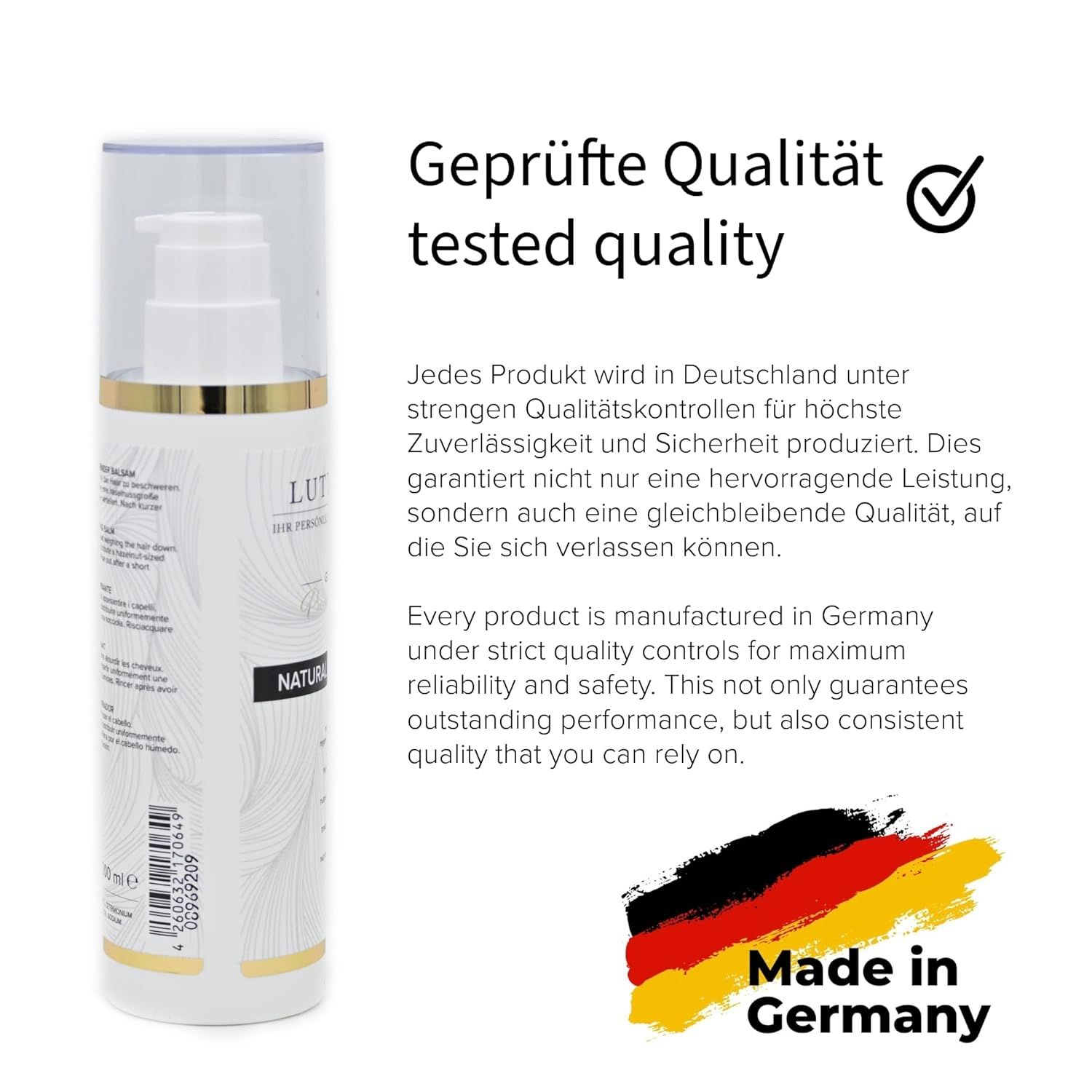Behälter mit Balsam und Text. Text: Geprüfte Qualität. Logo: Made in Germany.