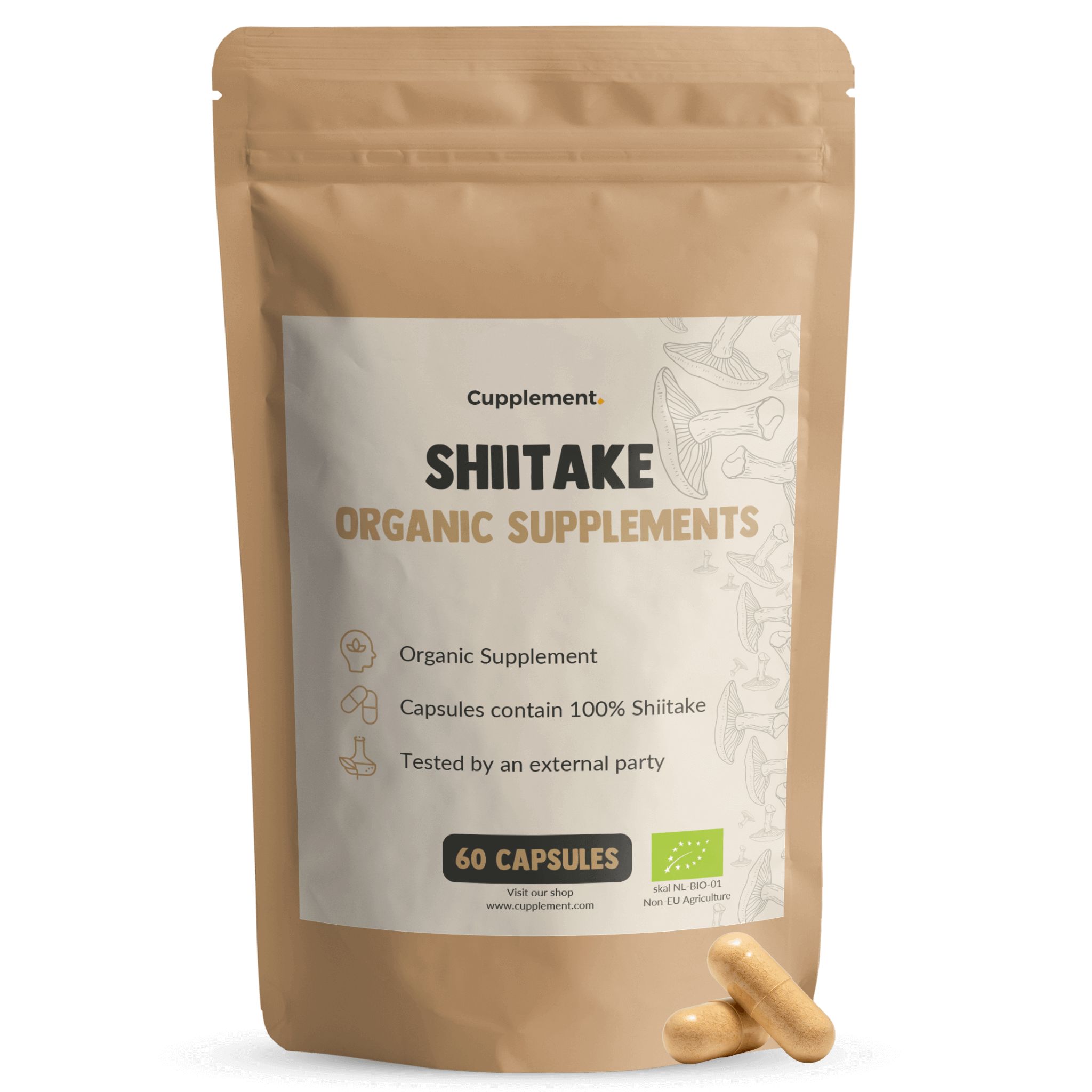 Braune Beutelverpackung mit Etikett. Text: "Cupplement Shiitake Organic Supplements". Enthält Kapseln. Bio-Zertifizierung.