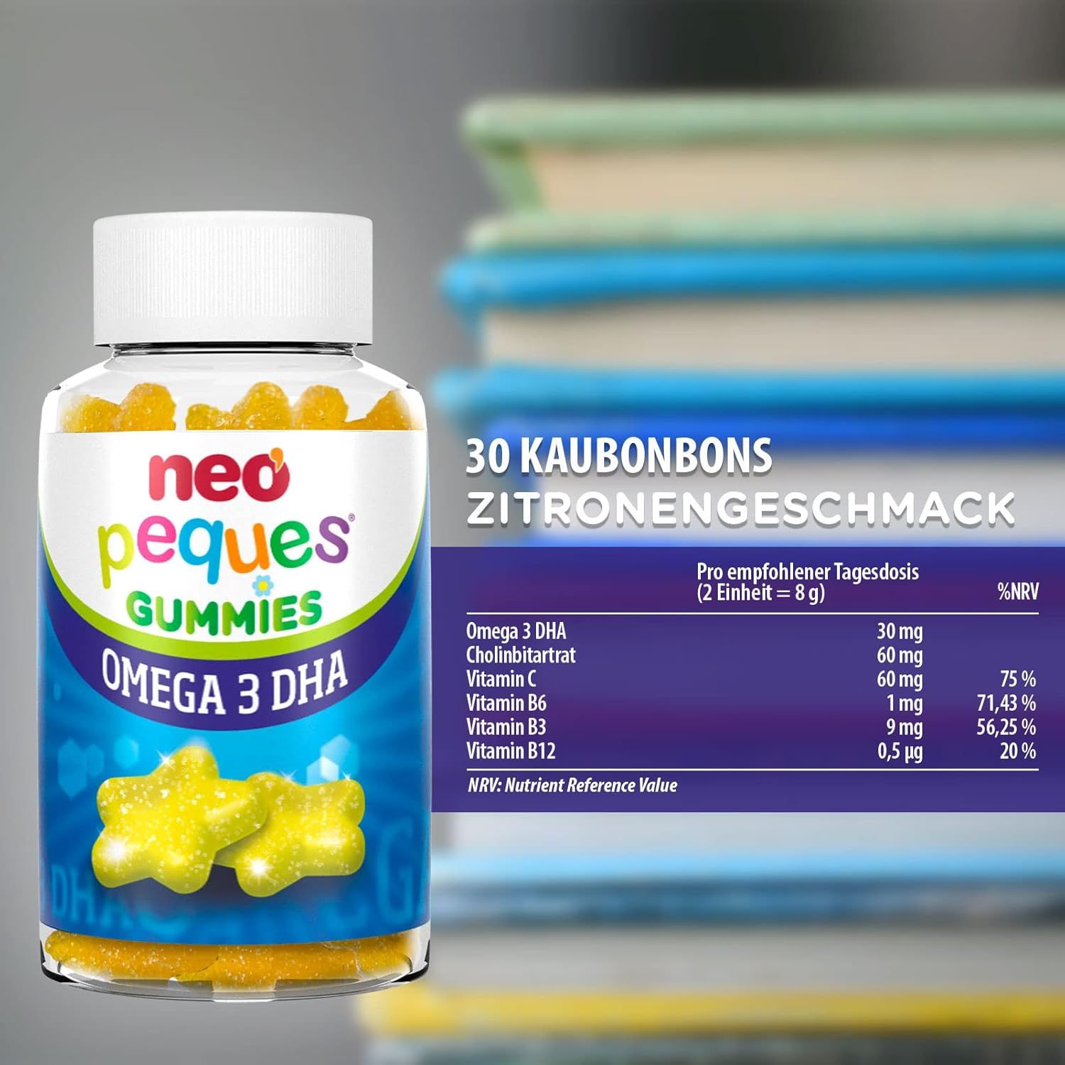 Flasche mit Stern-Gummibärchen. Aufschrift: NEO PEQUES GUMMIES OMEGA 3 DHA. Text: 30 Kaugummis, Zitronengeschmack. Nährwerttabelle.