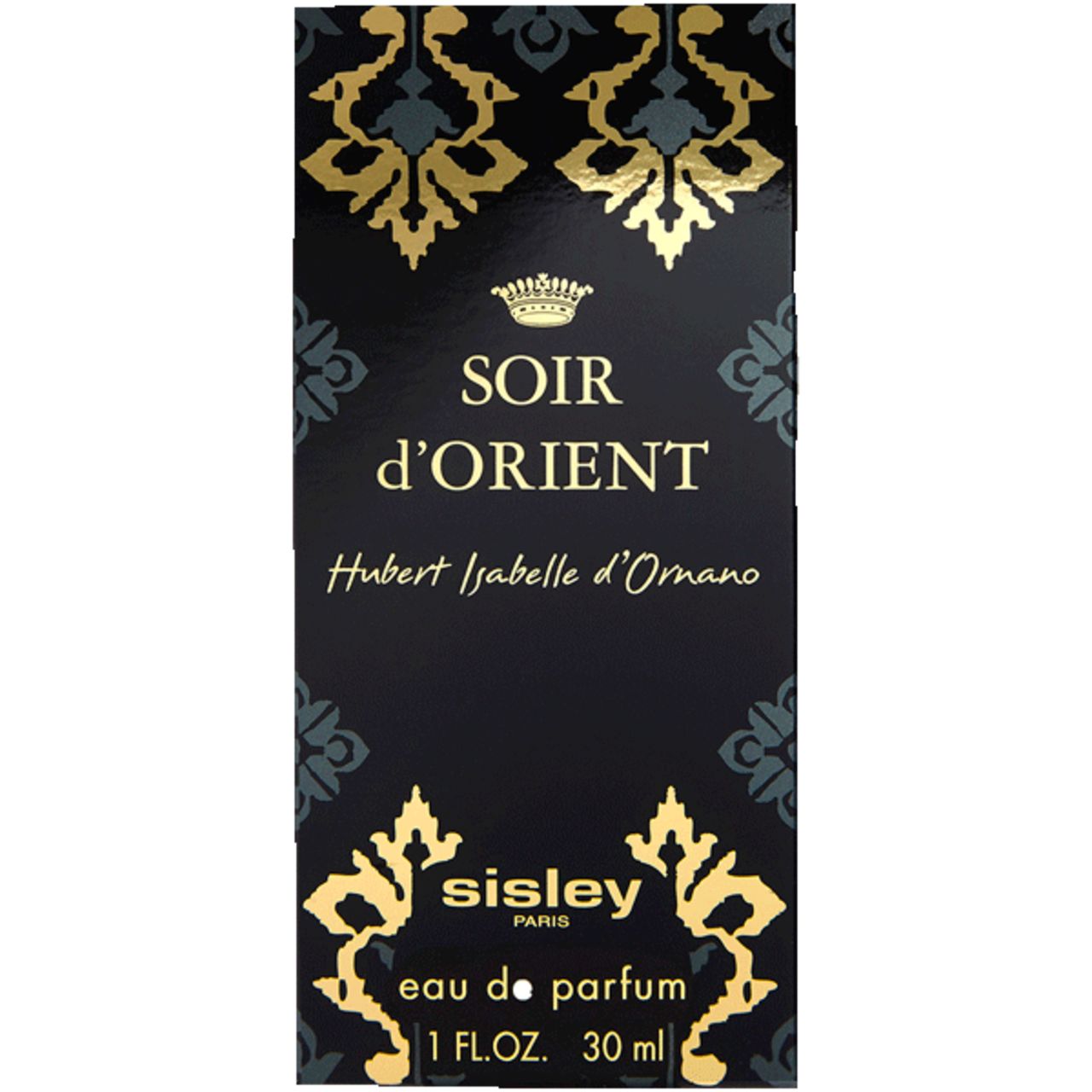 Schwarze Verpackung mit goldenen Ornamenten und Schriftzug: Soir d'Orient, Hubert Isabelle d'Ornano, Sisley Paris, Eau de Parfum.