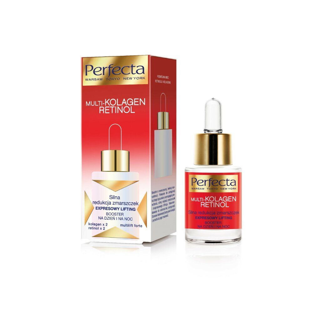 Produkt Perfecta Multi-Kolagen Retinol. Rote Flasche mit goldener Kappe und Pipette. Karton mit Produktabbildung.