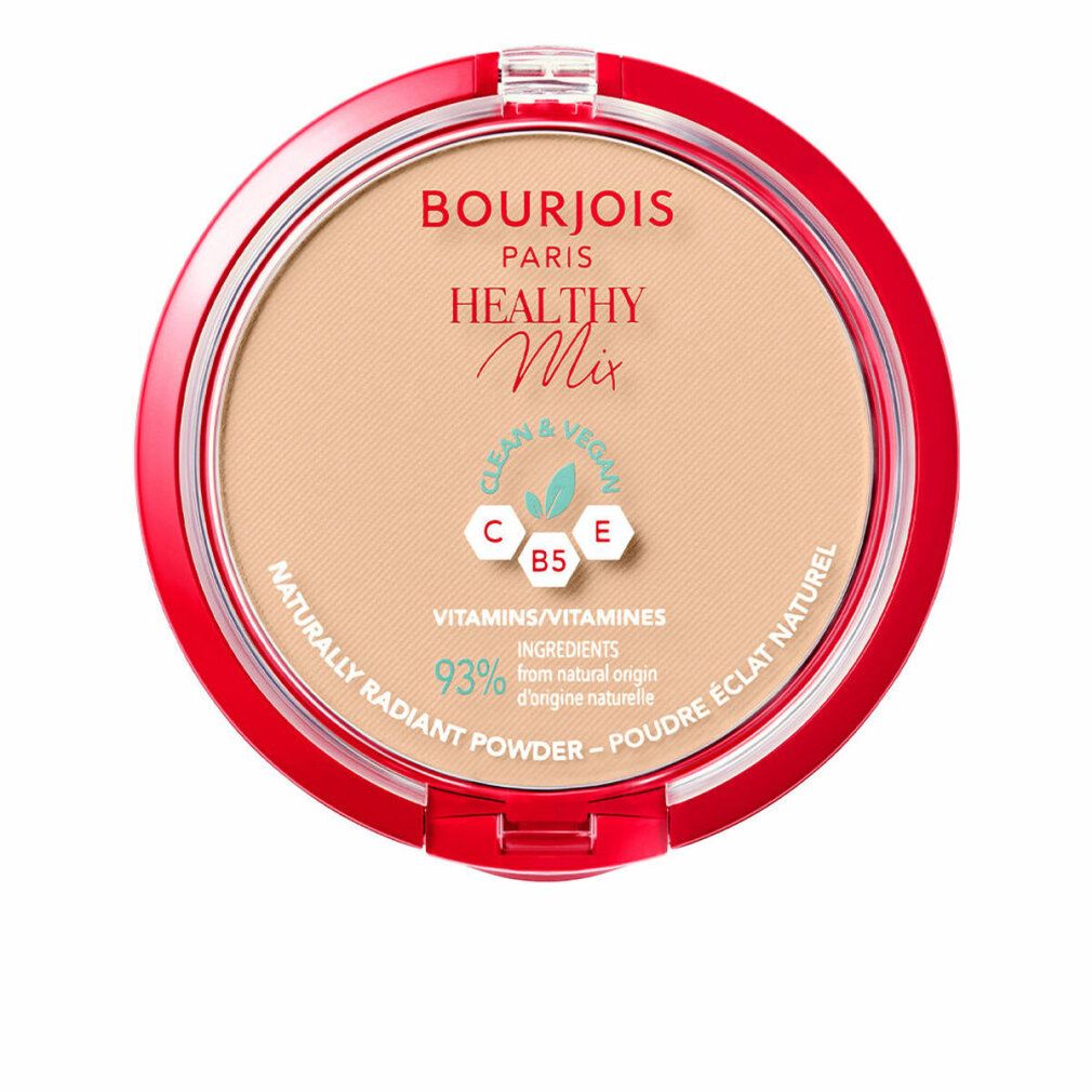 Runder, roter Behälter mit Puder. Aufschrift: Bourjois Paris Healthy Mix. Vegan, 93% Inhaltsstoffe natürlichen Ursprungs.