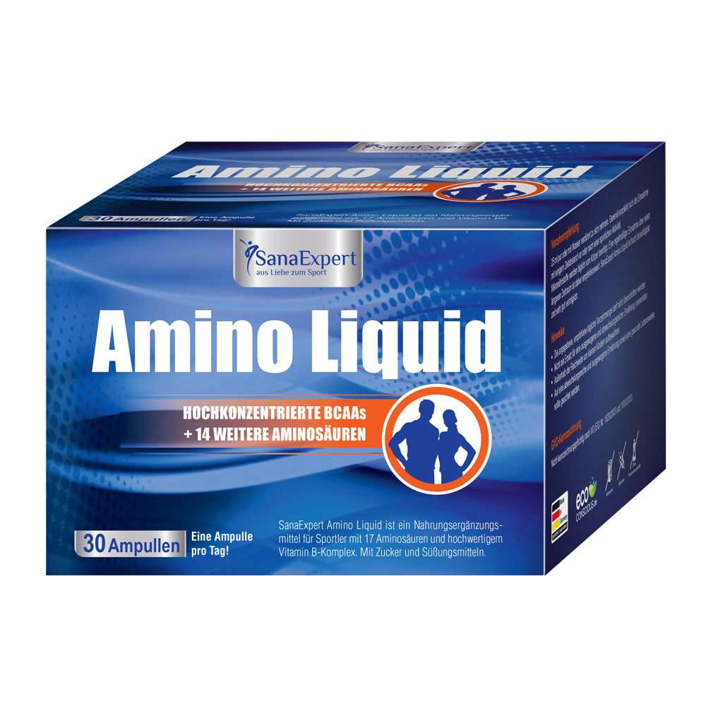 Karton mit SanaExpert Amino Liquid. Aufschrift: Amino Liquid, 30 Ampullen. Enthält BCAAs und Aminosäuren. Logo: SanaExpert.