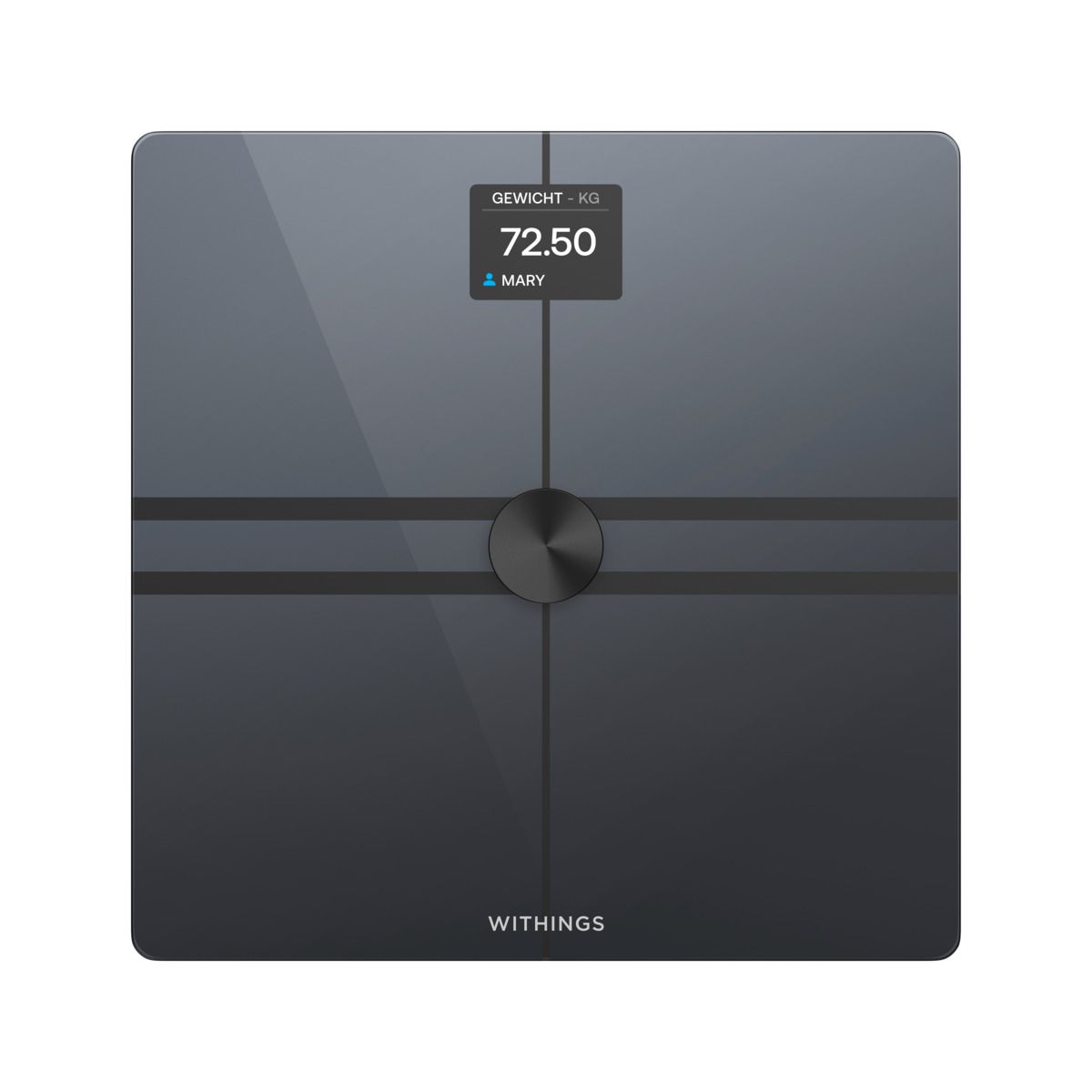 Smarte Körperwaage, schwarz. Quadratisch, mit Display. Zeigt Gewicht in kg an: 72.50. Marke: Withings.