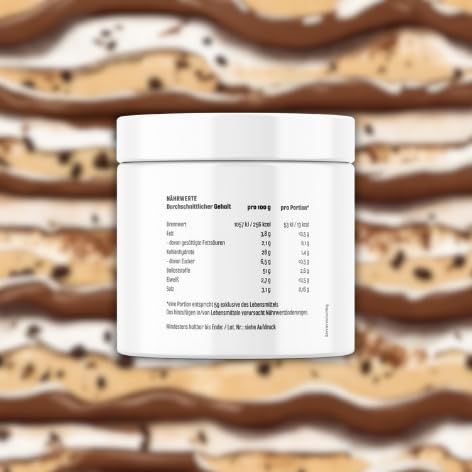 Weißes Produktgebinde mit Nährwertangaben. Text: Nährwerte, pro 100g, pro Portion. Text: Brennwert, Fett, davon gesättigte Fettsäuren, Kohlenhydrate, davon Zucker...