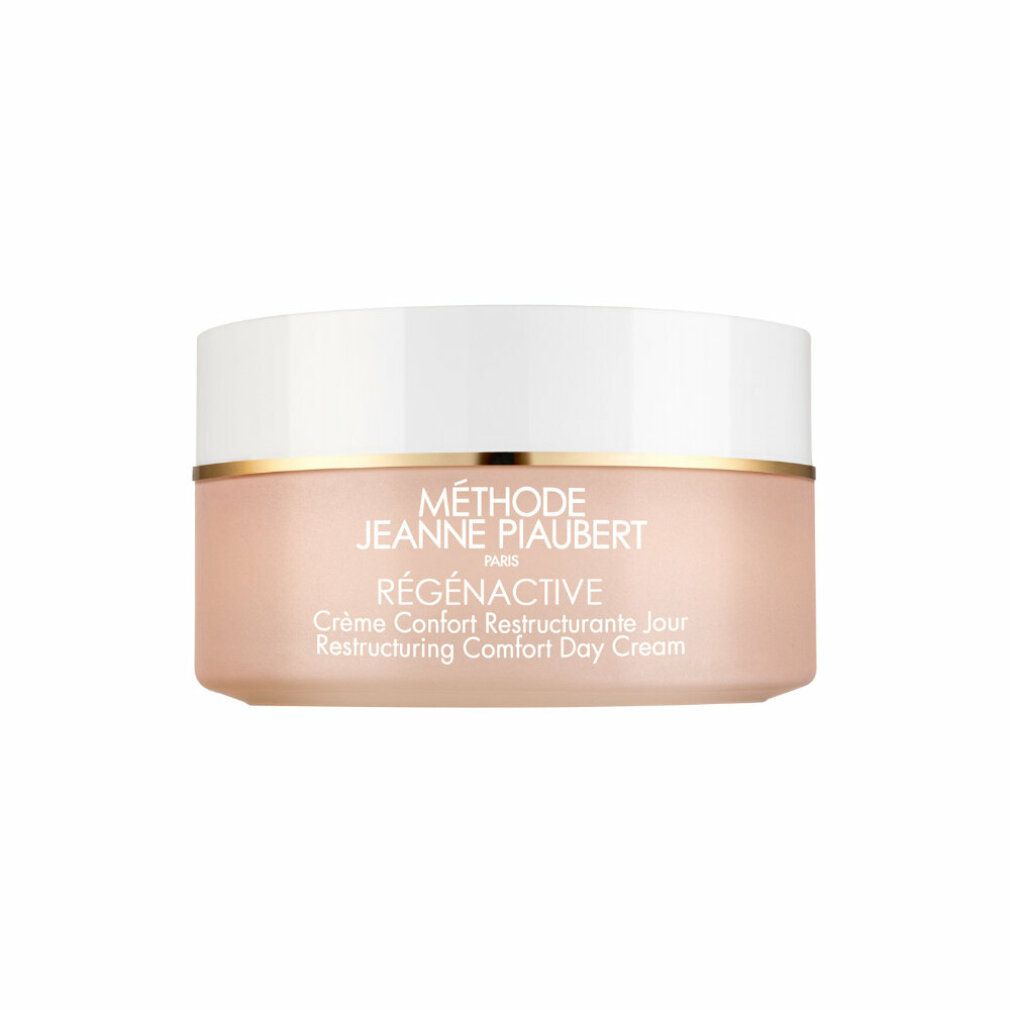 Creme-Tiegel mit weißem Deckel und goldfarbenem Rand. Aufschrift: MÉTHODE JEANNE PIAUBERT, RÉGÉNACTIVE, Crème Confort Restructurante Jour.