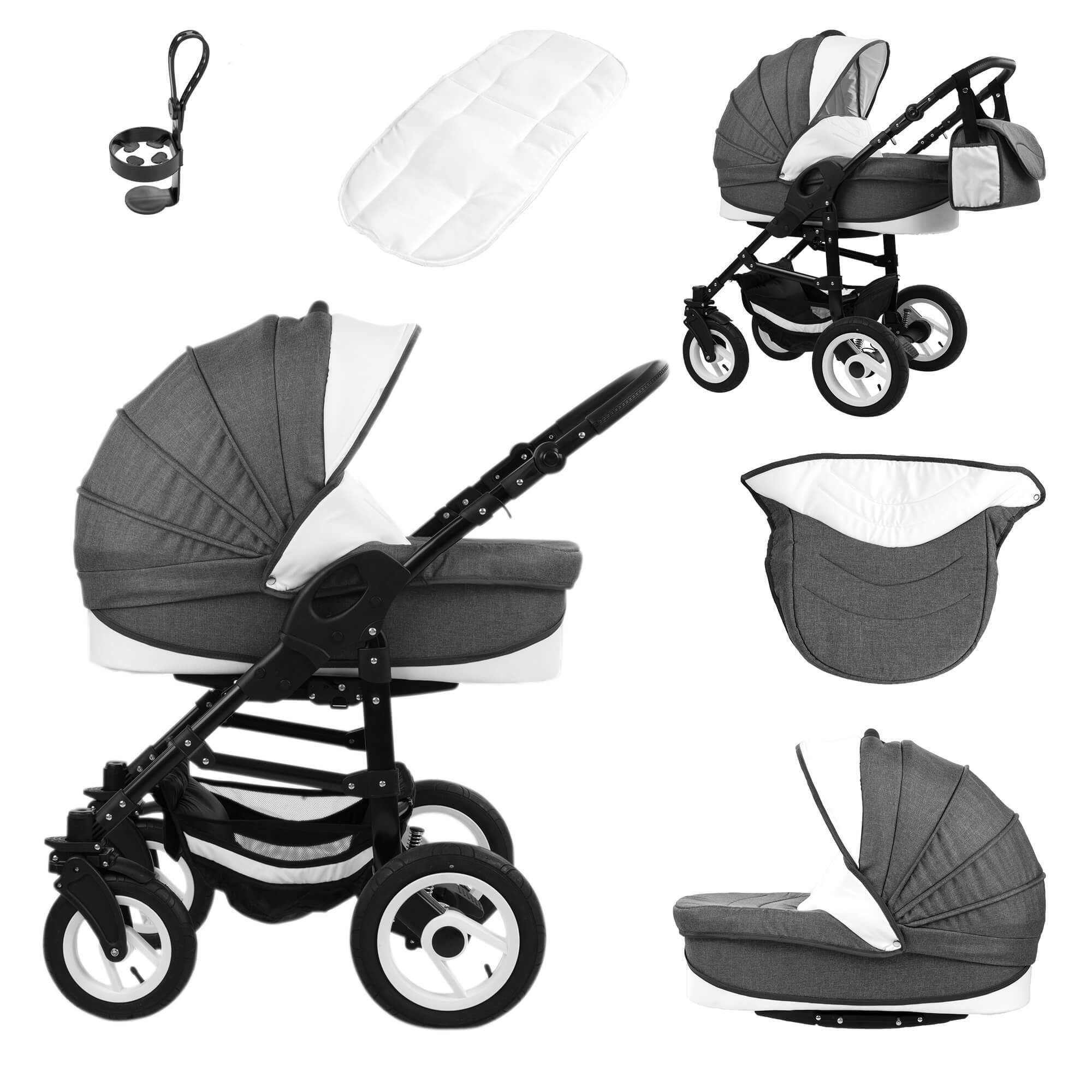 Bebebi Florenz 4 in 1 Kinderwagen Komplettset ISOFIX Basis Luftreifen, Marco Darkgrey Black