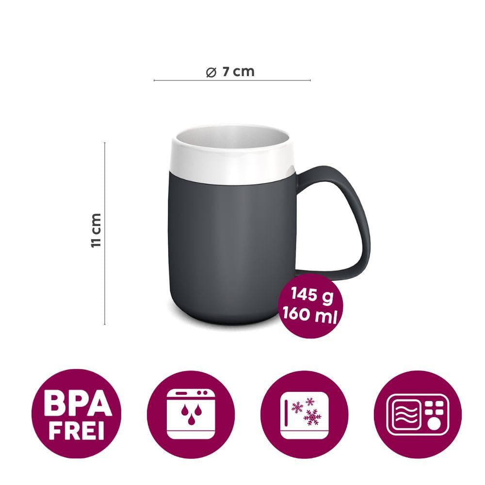 Grauer Becher mit weißem Rand und Henkel. Maße: 11 cm hoch, 7 cm Durchmesser. BPA-frei, mikrowellen- und spülmaschinengeeignet.