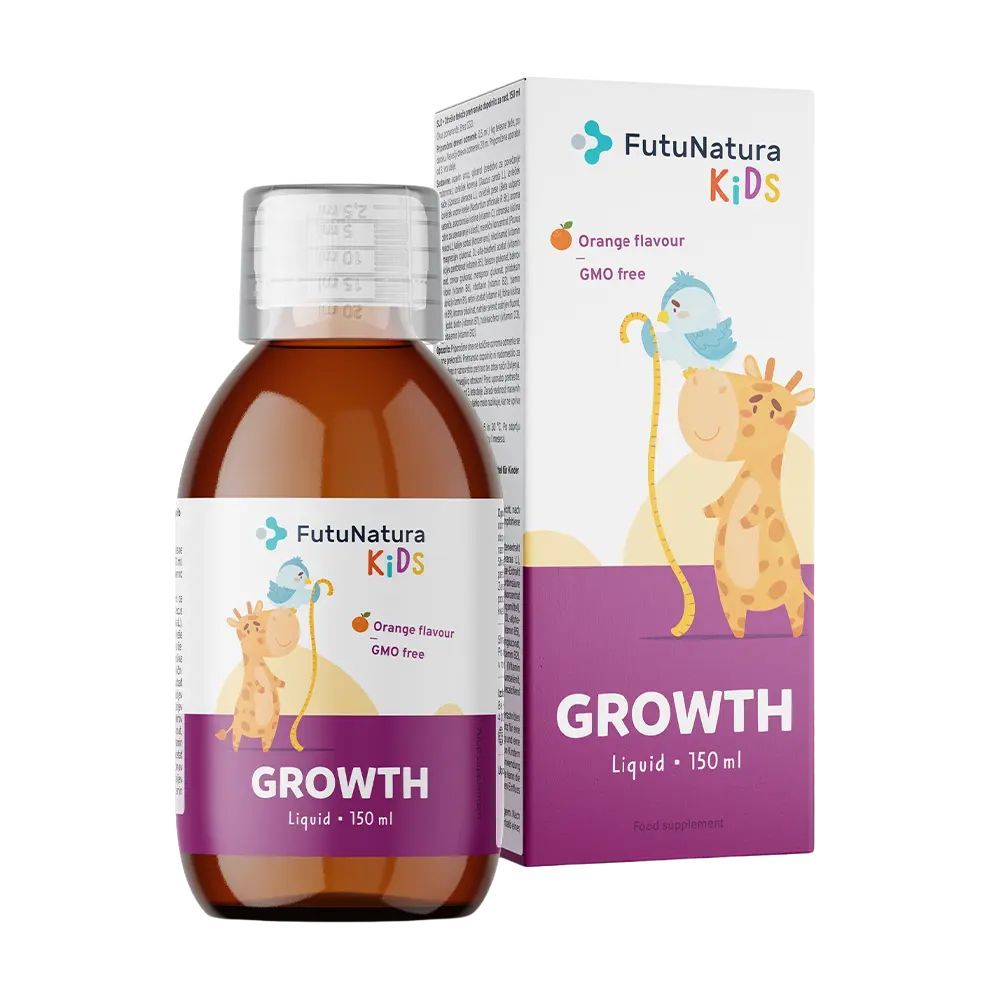Flasche und Verpackung von FutuNatura Kids Growth. Flüssigkeit mit Orangengeschmack. GMO-frei.
