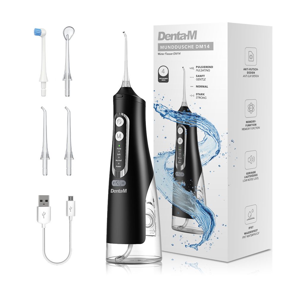 Munddusche DM14 mit Zubehör und Verpackung. Schwarzes Gerät, transparente Basis, Zubehörteile, USB-Kabel. Verpackung mit Produktname und Funktionen.