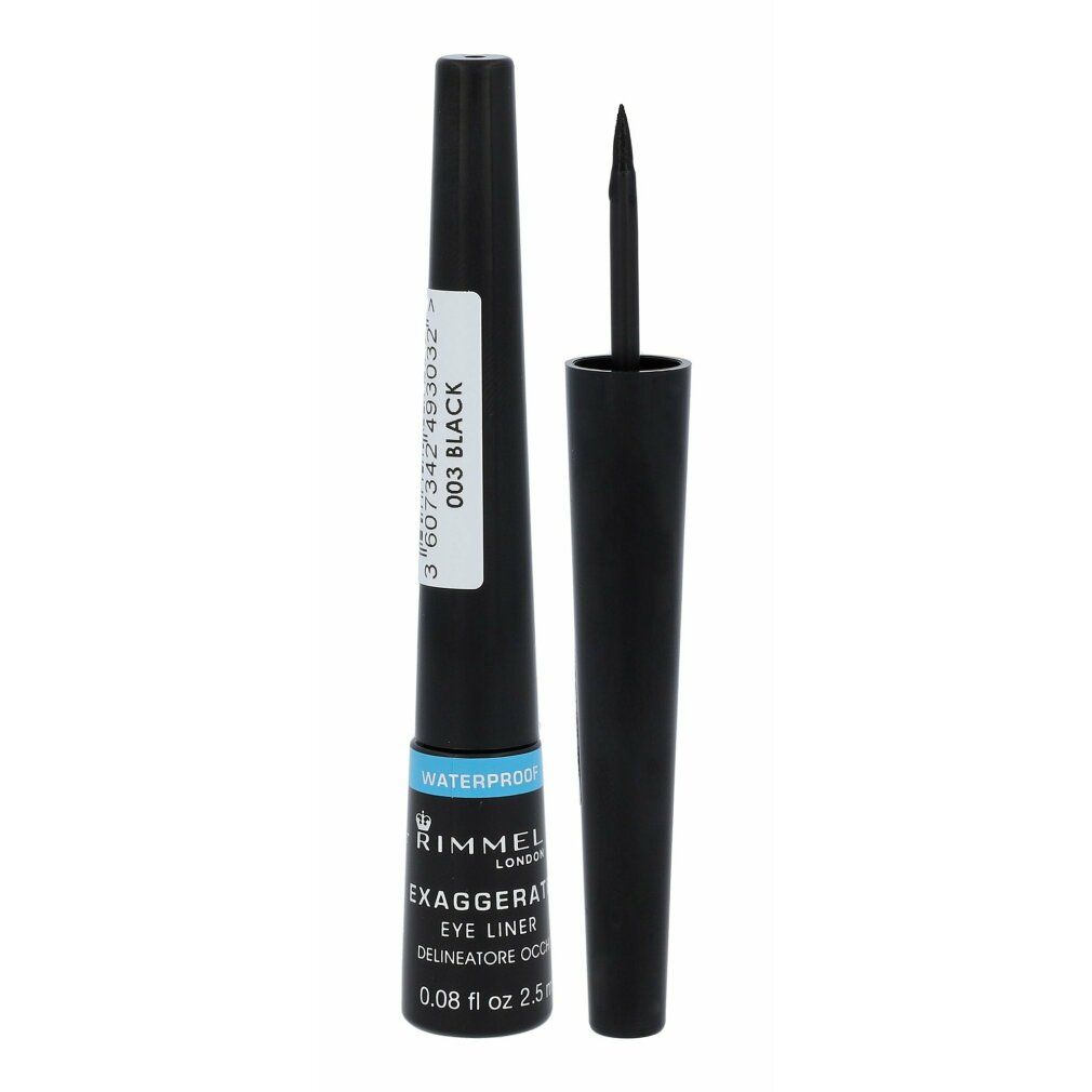 Schwarzer Eyeliner mit Applikator. Flasche mit Etikett. Aufschrift: Rimmel London Exaggerate Eye Liner Waterproof 003 Black.