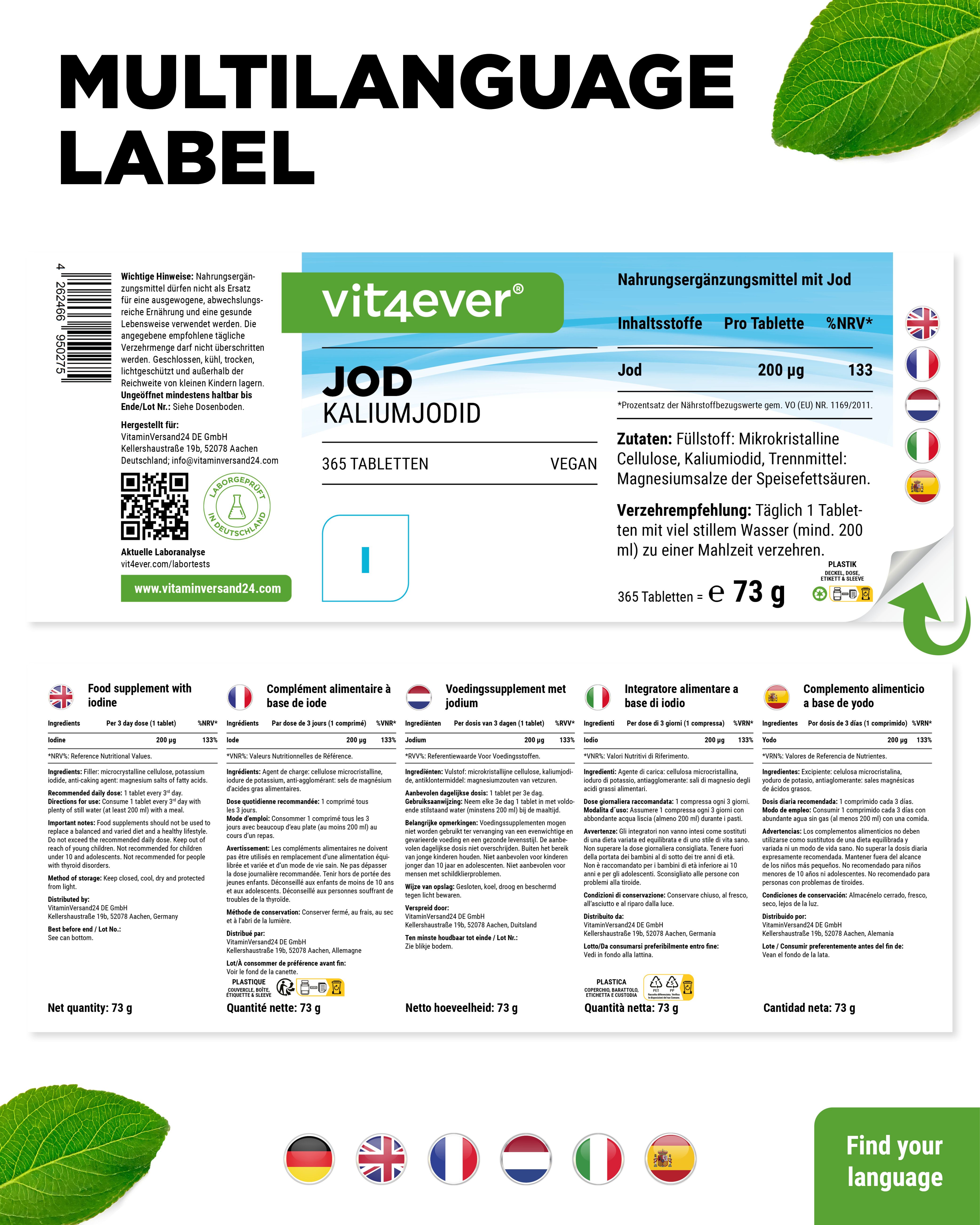 Weiße Flasche mit grünem Deckel, Aufschrift "vit4ever Jod Kaliumjodid". Enthält 365 Tabletten. Vegan. Mehrsprachiges Etikett.