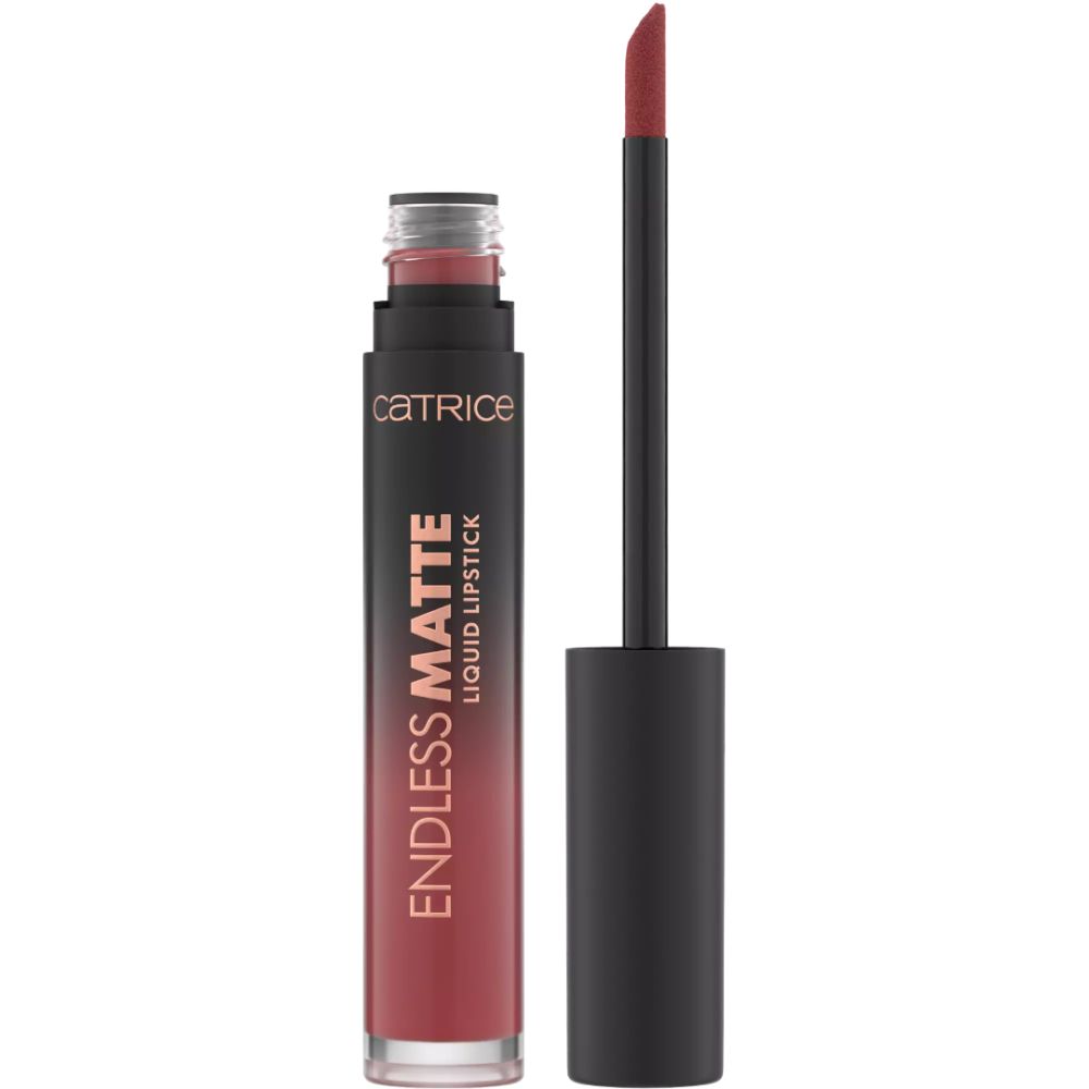 Flüssiger Lippenstift, geöffnet. Schwarzer Deckel, transparente Flasche, roter Inhalt. Aufschrift: CATRICE, ENDLESS MATTE LIQUID LIPSTICK.