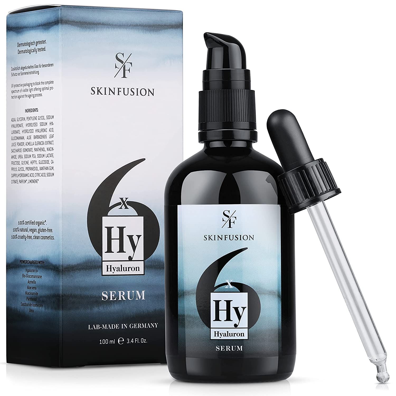 Schwarze Flasche mit Serum, Pipette daneben. Aufschrift: SKINFUSION, 6 Hyaluron Serum. Karton mit Produktinformationen.