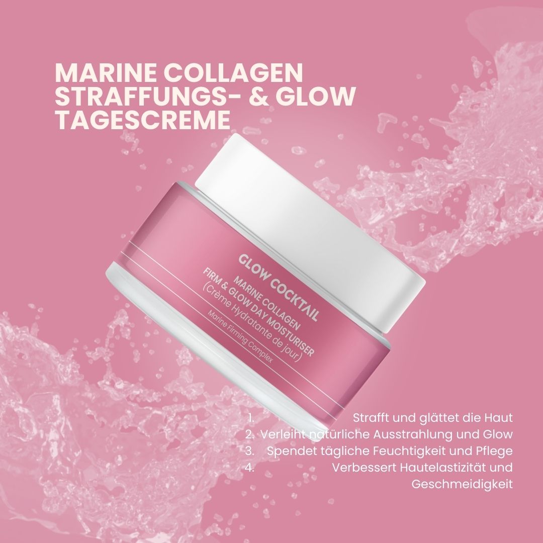 Rosa Tiegel mit weißem Deckel, umgeben von Wasser. Aufschrift: GLOW COCKTAIL, MARINE COLLAGEN, FIRM & GLOW DAY MOISTURISER.