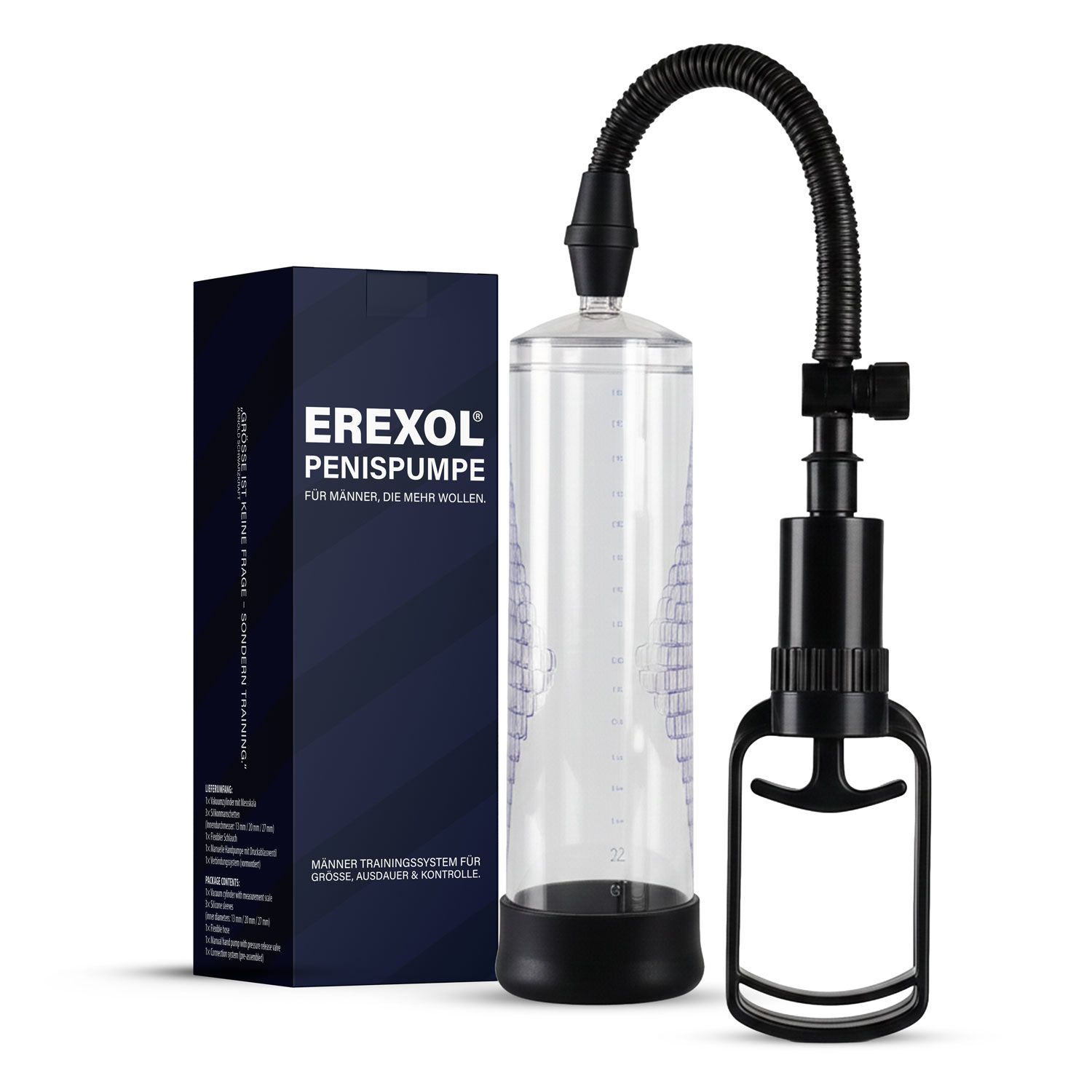 Penispumpe mit Verpackung. Die Verpackung trägt den Schriftzug "EREXOL PENISPUMPE". Die Pumpe hat einen transparenten Zylinder und einen schwarzen Griff.