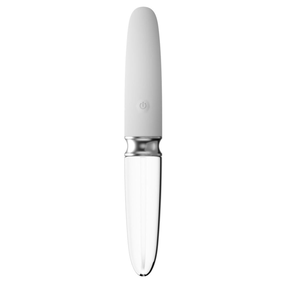 Weißer Vibrator mit transparentem Glas-Ende. Silberfarbener Ring. Oben ein Knopf mit Symbol.
