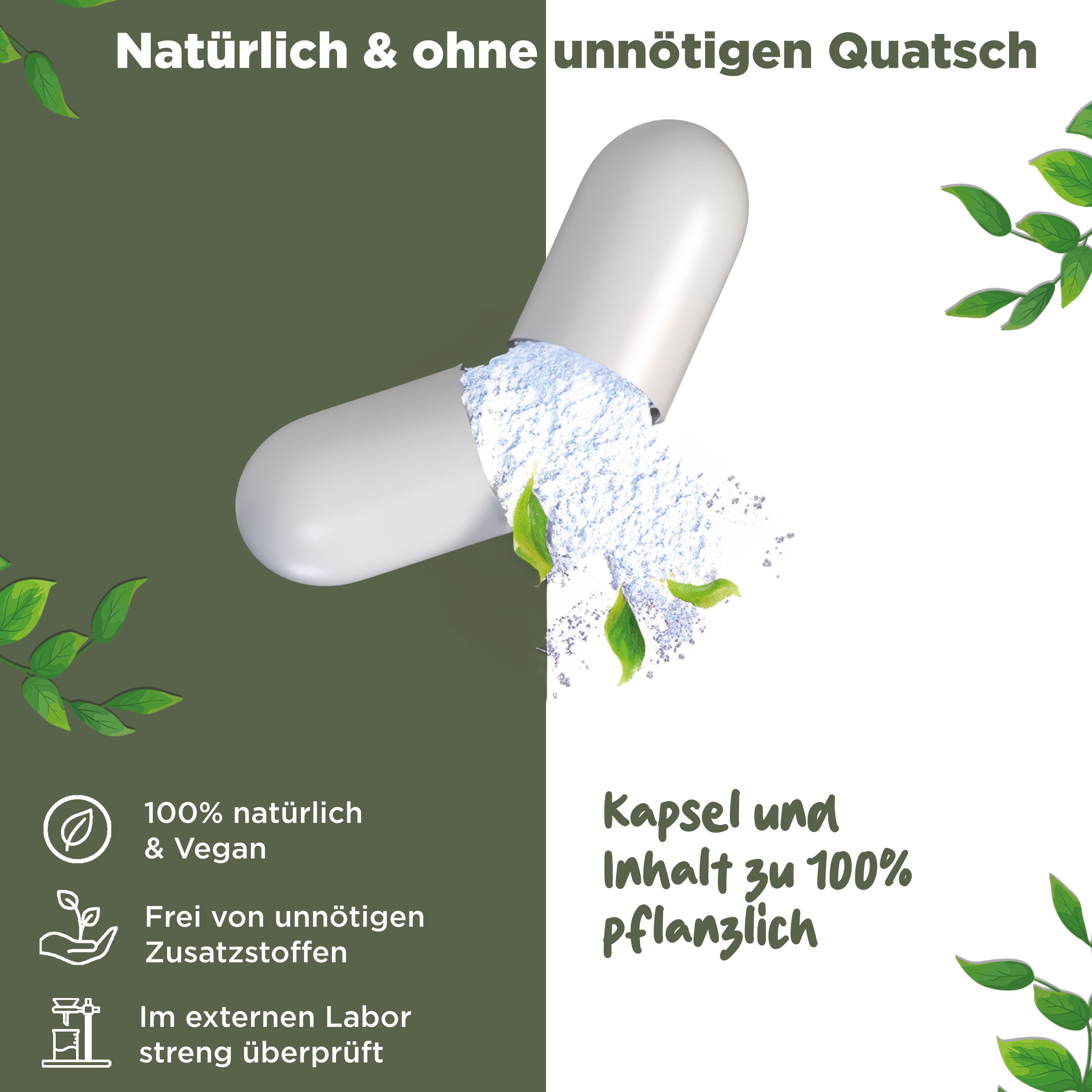 Große Kapsel mit weißem Pulverinhalt, 100% natürlich & vegan, frei von Zusatzstoffen.