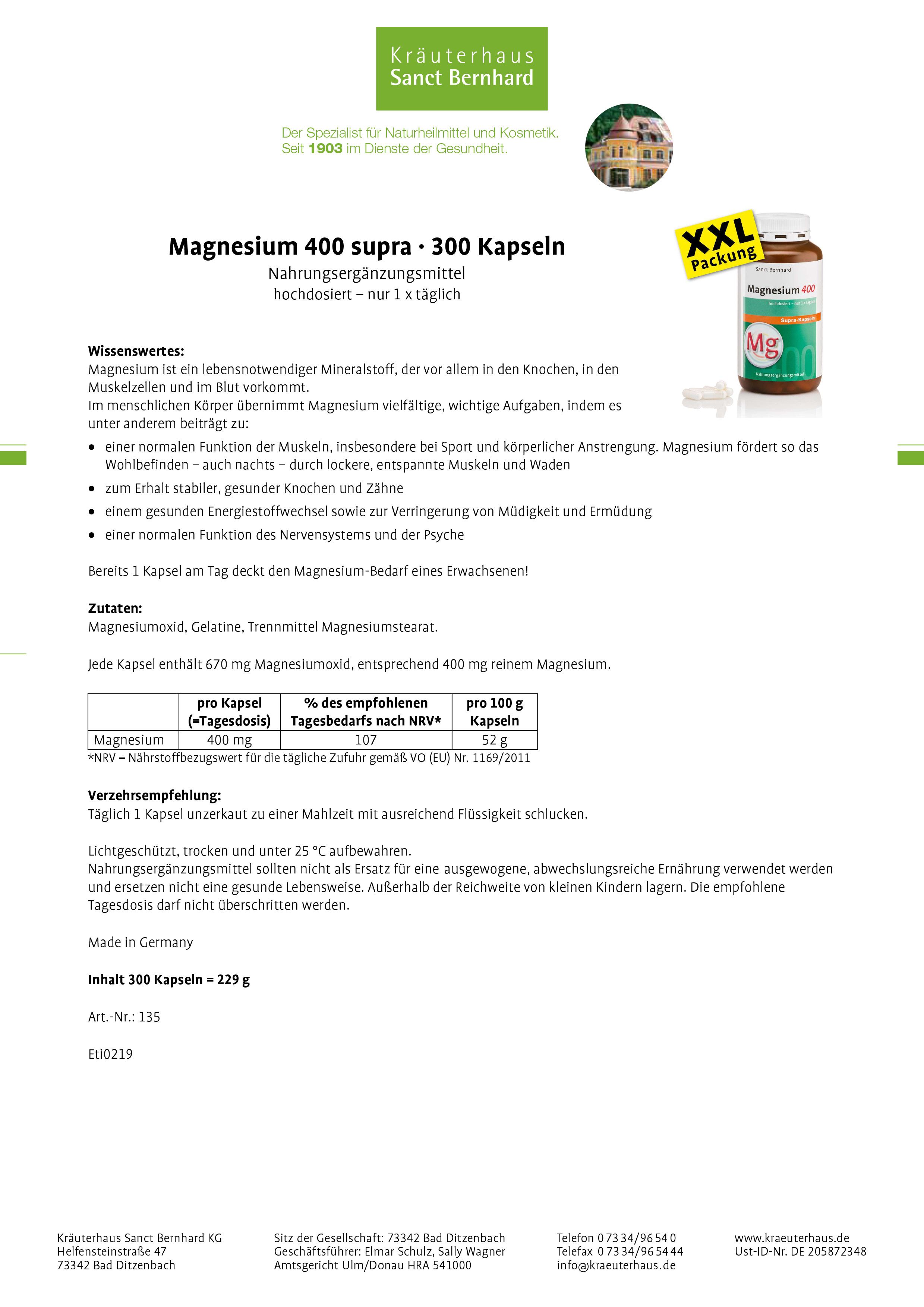Sanct Bernhard Magnesium-400-supra Kapseln 300 Kapseln