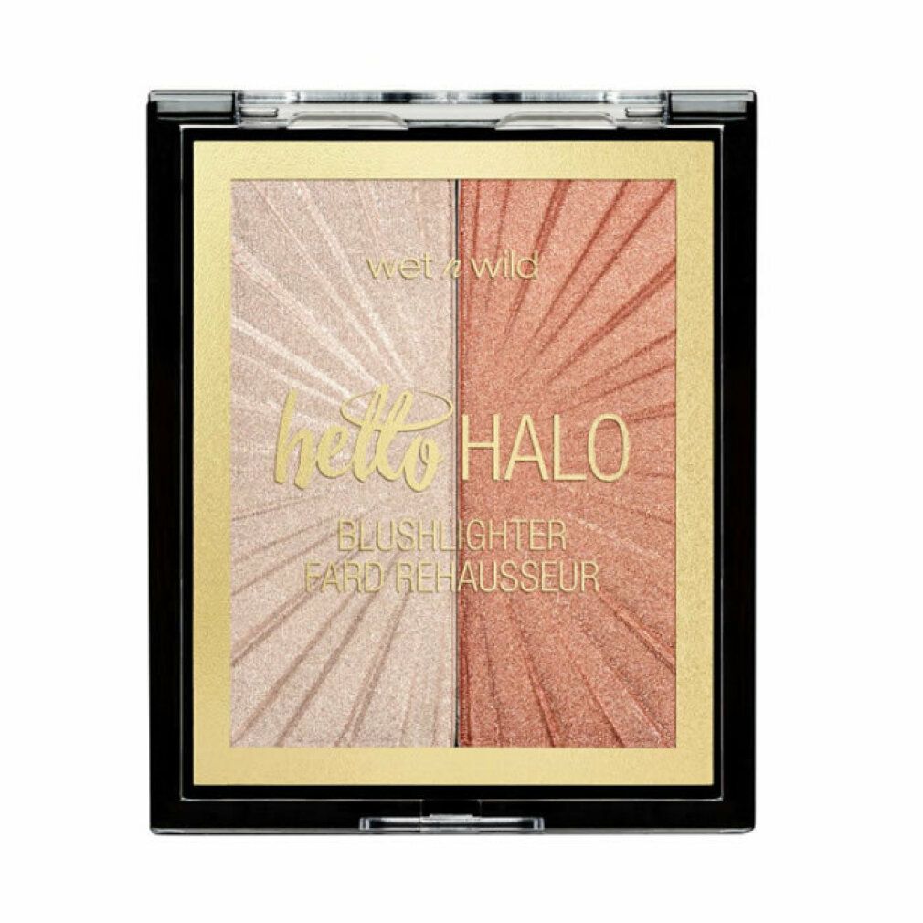 Blushlighter-Palette mit zwei Farbtönen. Aufschrift "hello HALO" und "BLUSHLIGHTER FARD REHAUSSEUR". Schwarzer Rahmen, goldfarbener Innenrahmen.