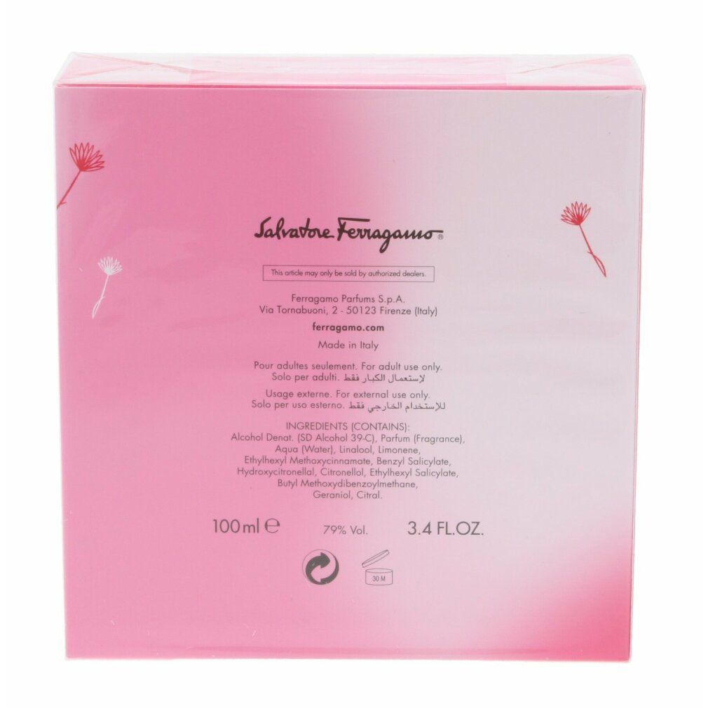 Rückseite der rosa Verpackung. Enthält Text mit Inhaltsstoffen, Herstelleradresse und Volumenangabe: 100 ml.
