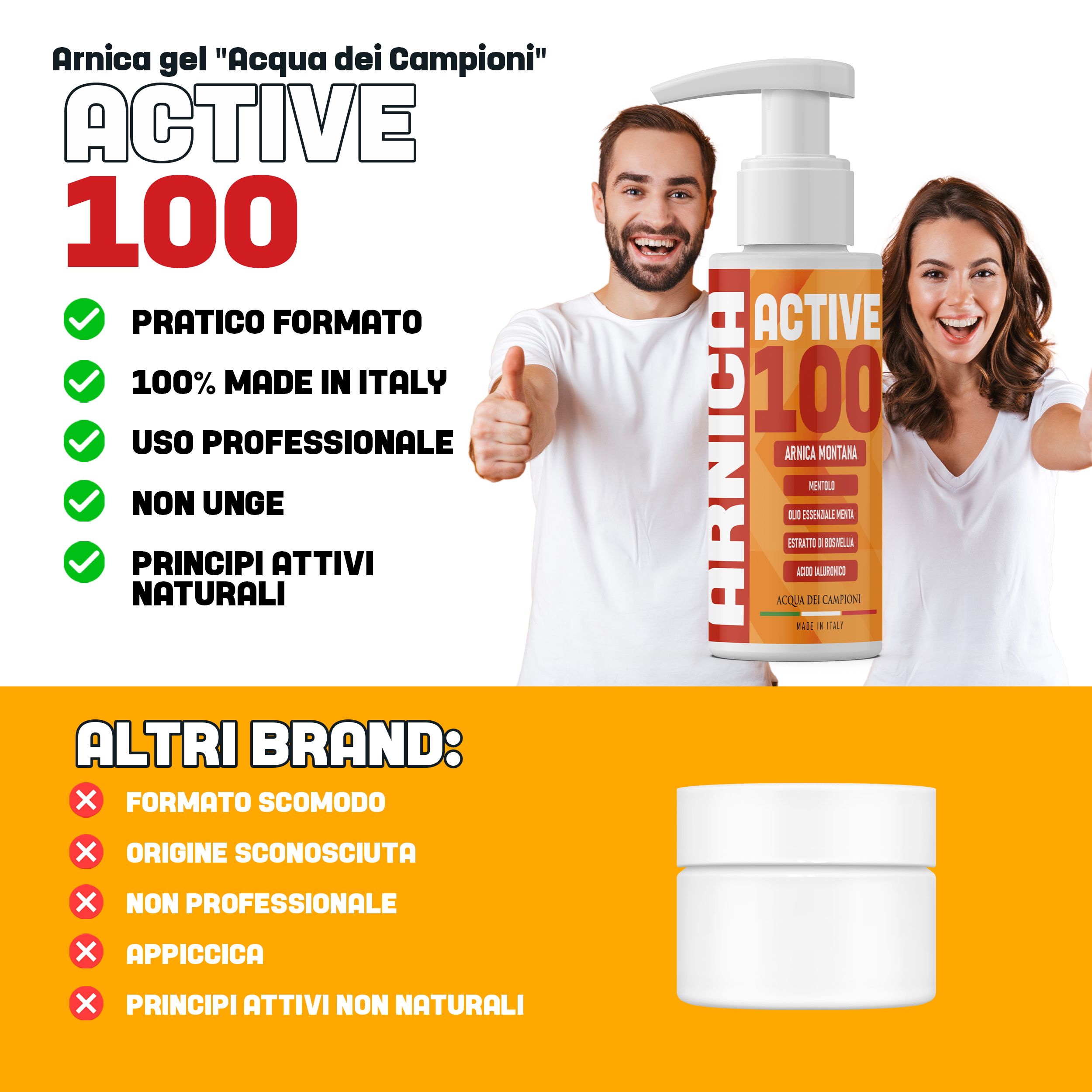 Gel-Flasche mit Pumpverschluss. ACTIVE 100. Text: PRATICO FORMATO, 100% MADE IN ITALY, USO PROFESSIONALE, NON UNGE, PRINCIPI ATTIVI NATURALI.