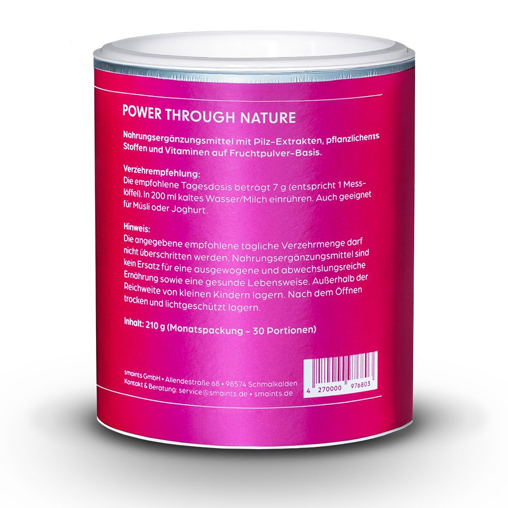 Zylindrische Dose mit Text. Rosa Etikett mit weißem Text. Informationen zur Anwendung und Inhaltsstoffe.