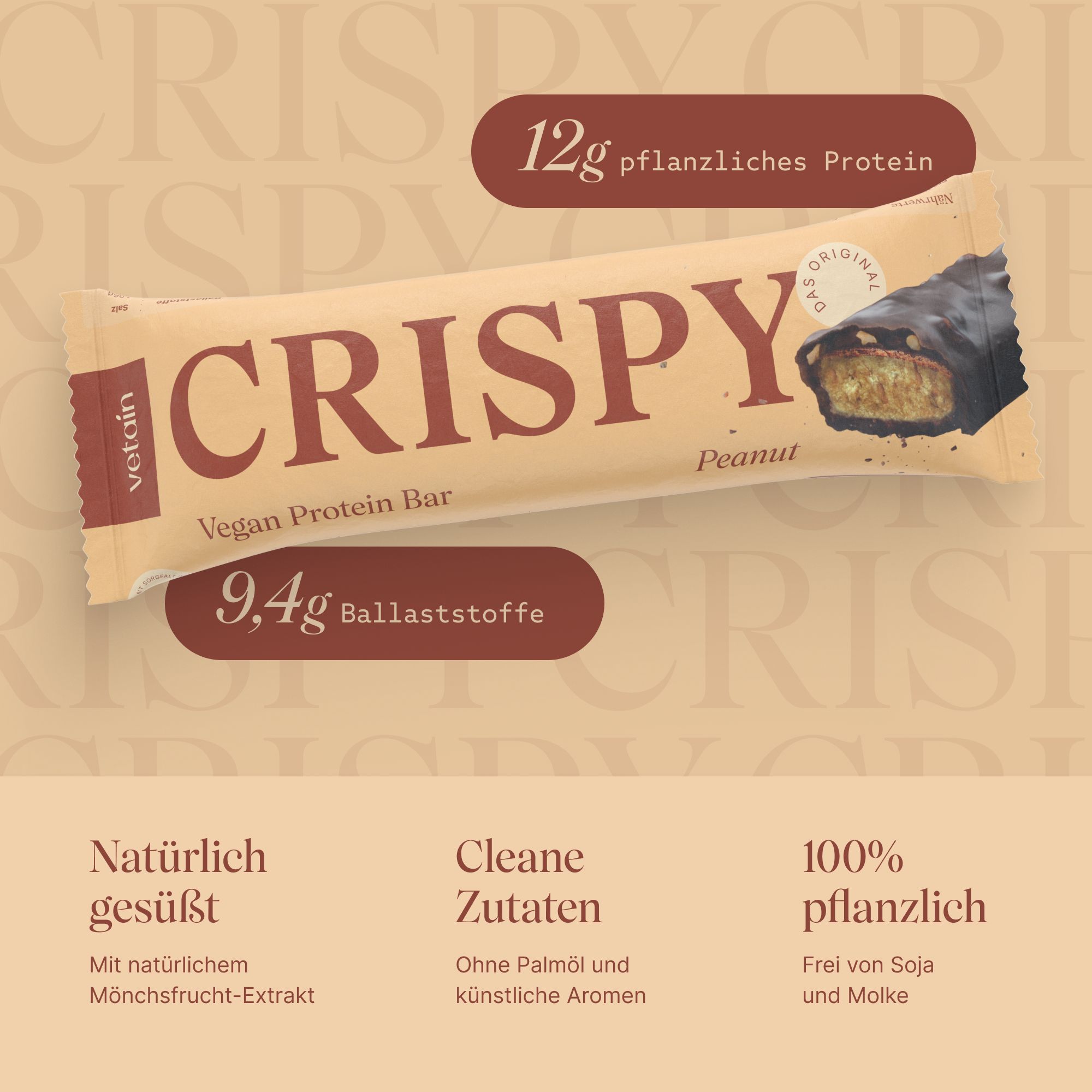 Proteinriegel mit Aufschrift "CRISPY". Geschmack Peanut. 12g pflanzliches Protein, 9,4g Ballaststoffe. Natürlich gesüßt, saubere Zutaten, 100% pflanzlich.